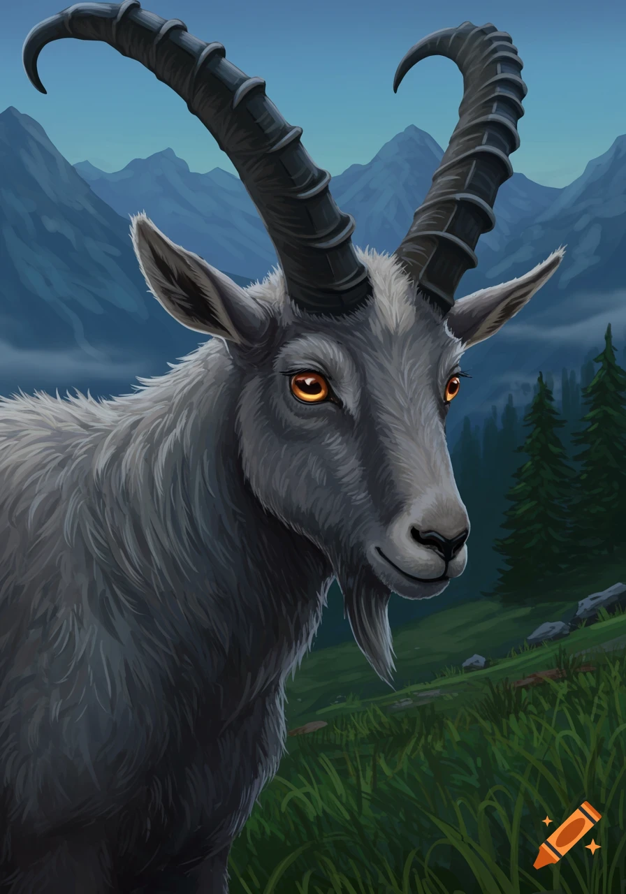 A realistic illustration of a grey goat with large horns on a grassy mountain slope.