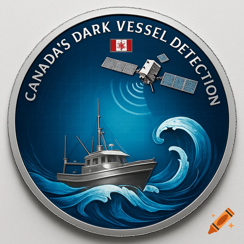 A silver coin with a blue center showing a grey boat on waves, a satellite, and text 'CANADA'S DARK VESSEL DETECTION' with a Canadian flag.