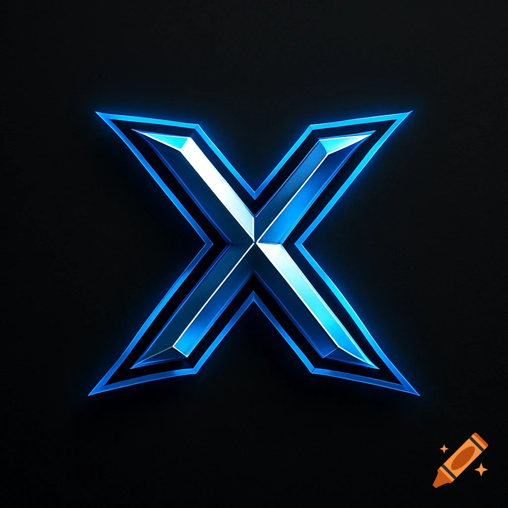 A futuristic, angular letter X logo glowing electric blue and metallic silver on a black background.