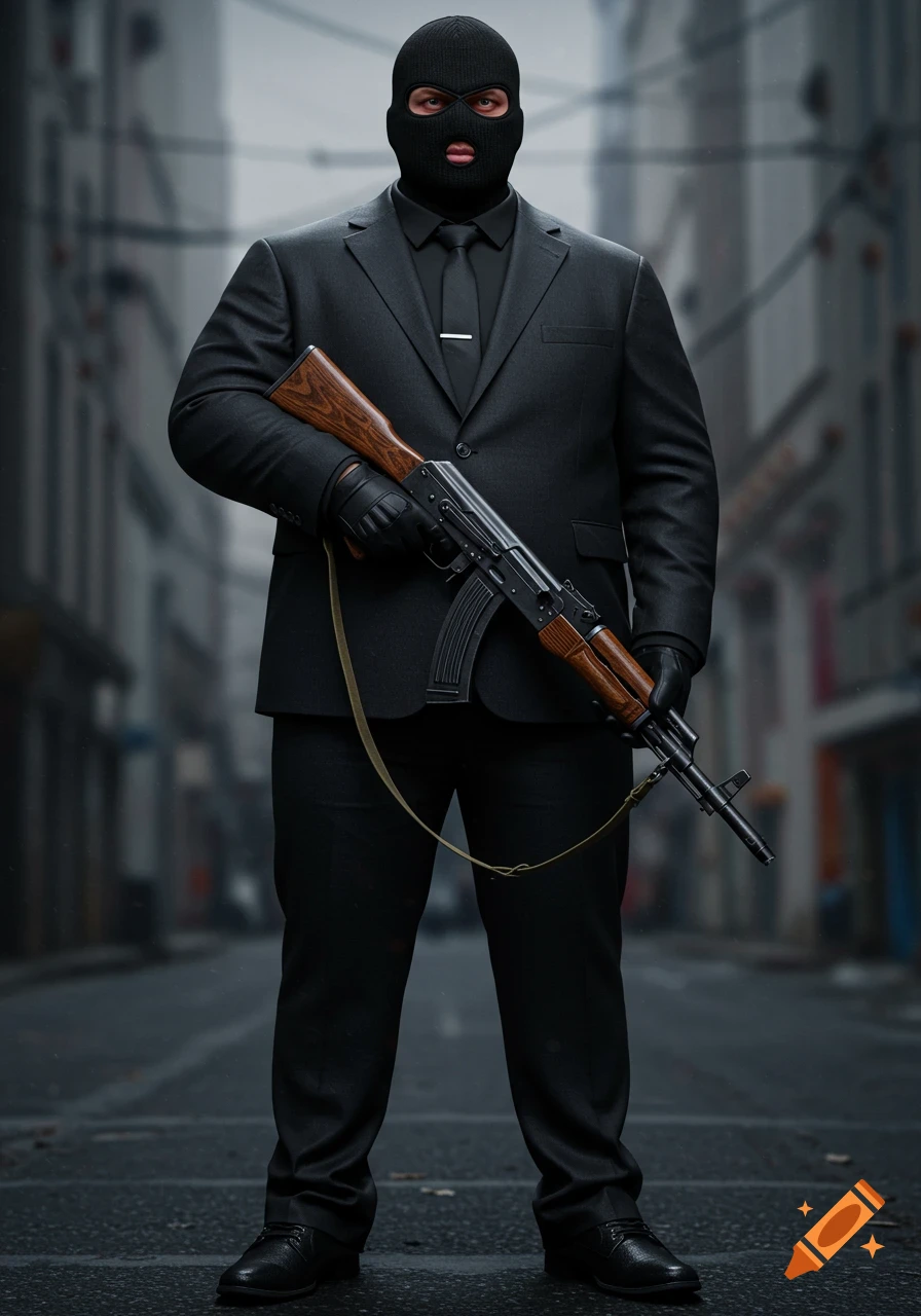 A man in a black suit, ski mask, and gloves stands holding an AK-47 assault rifle on a city street.