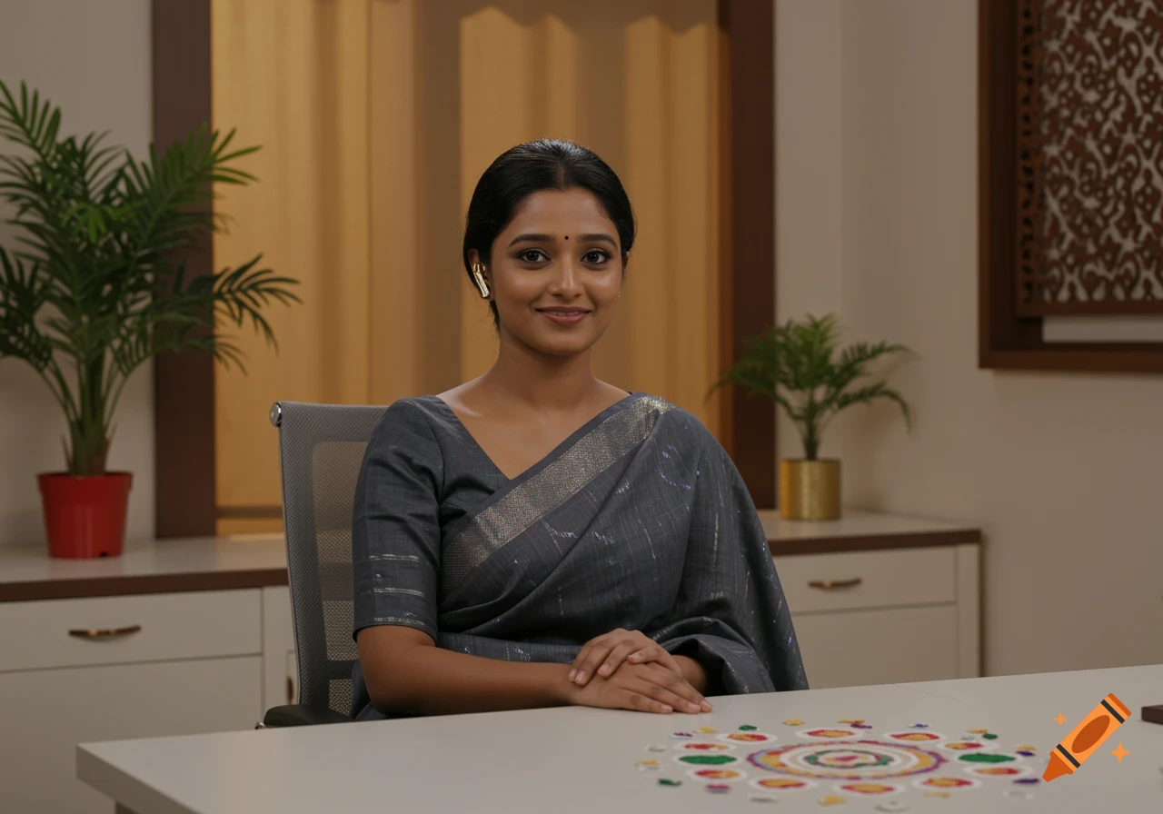 Photorealistic portrait of a smiling Indian woman in a grey saree, sitting at a desk with a rangoli pattern.