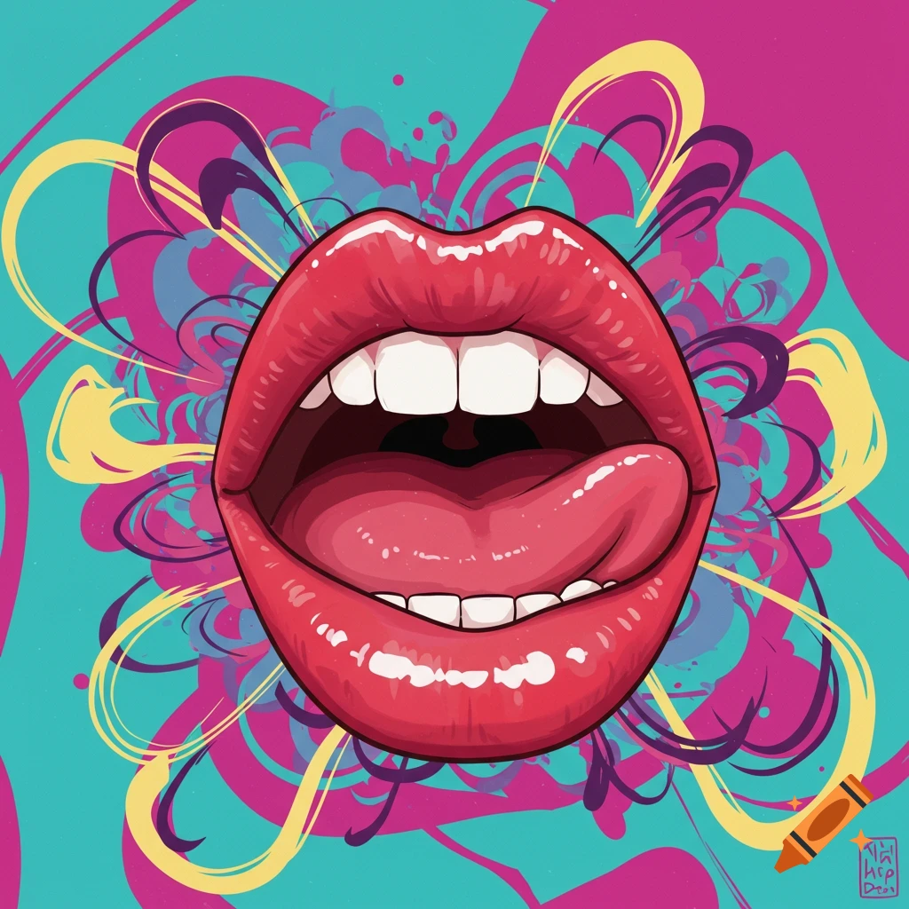 A vibrant pop art illustration of wide-open red lips with a tongue sticking out, set against a background of colorful abstract shapes in pink, turquoise, and yellow.