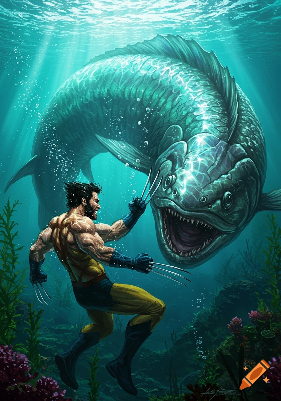 Wolverine fights a large, monstrous fish underwater with his claws extended, in a comic art style.