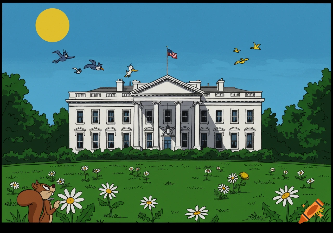 A vibrant 2D cartoon of the White House exterior, featuring a squirrel and daisies on the lawn, with cartoon birds flying under a sunny sky.