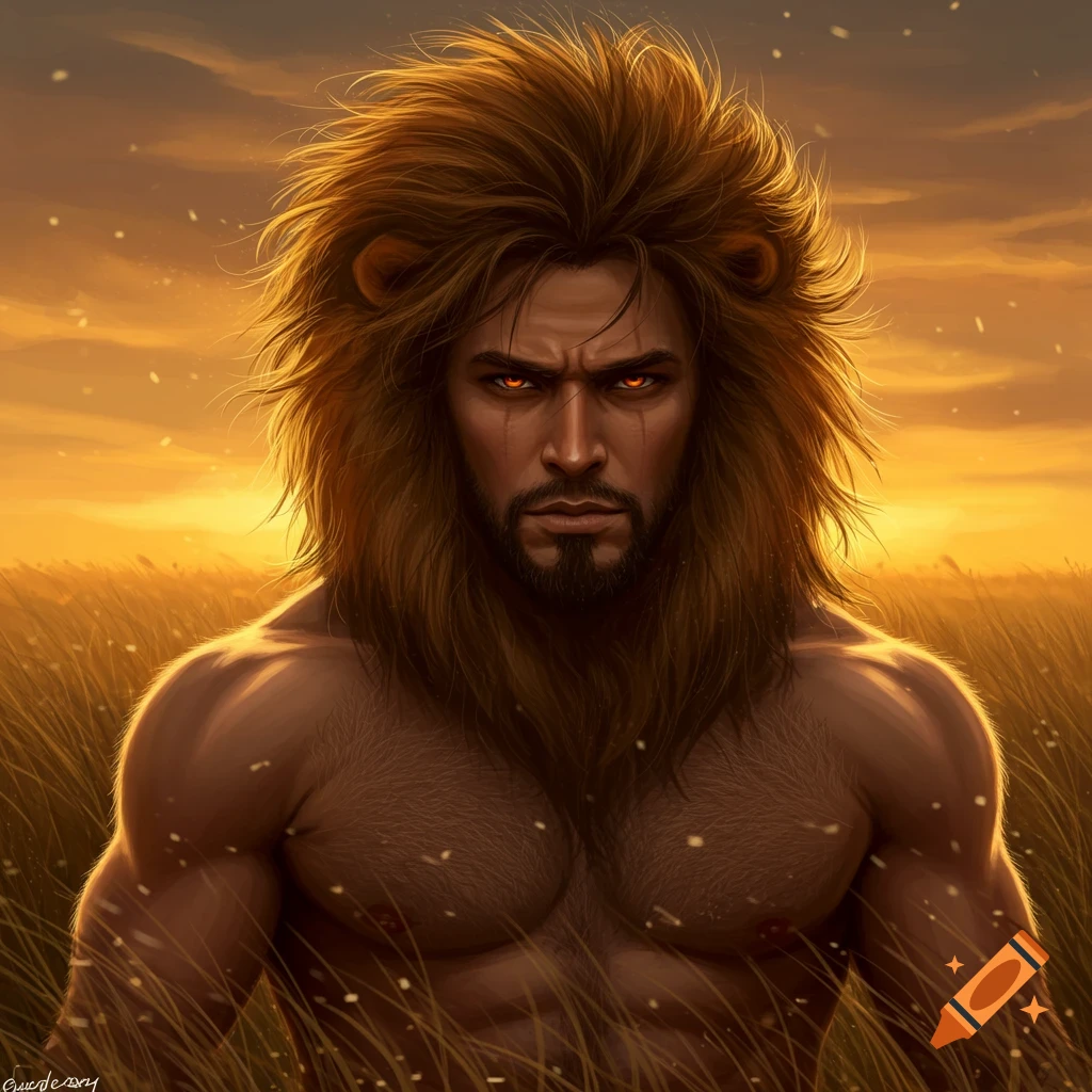 A muscular man with a lion's mane and glowing orange eyes stands bare-chested in a golden field at sunset, digital art.