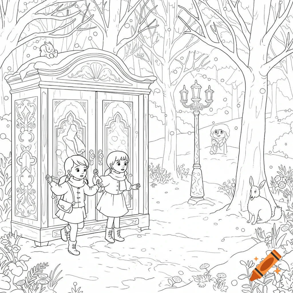 Two girls exiting an ornate wardrobe into a snowy forest with a lamppost and rabbit, in a children's coloring book style.