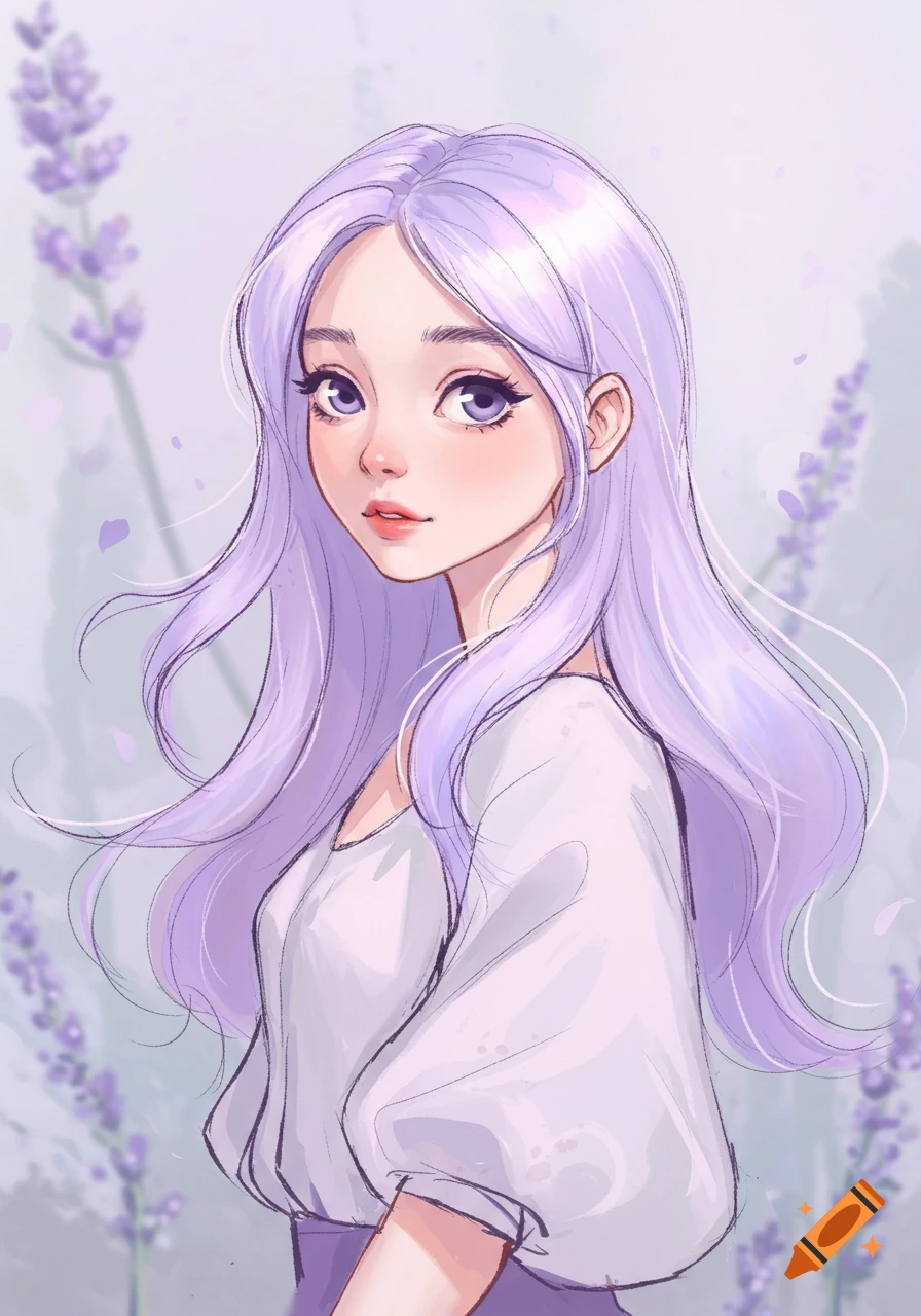 A cute digital art portrait of a girl with long lavender hair and purple eyes, surrounded by soft lavender flowers.