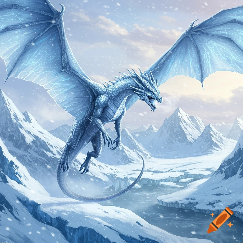 A majestic ice blue dragon with large wings flies over a snowy mountain valley with a river, amidst falling snow.
