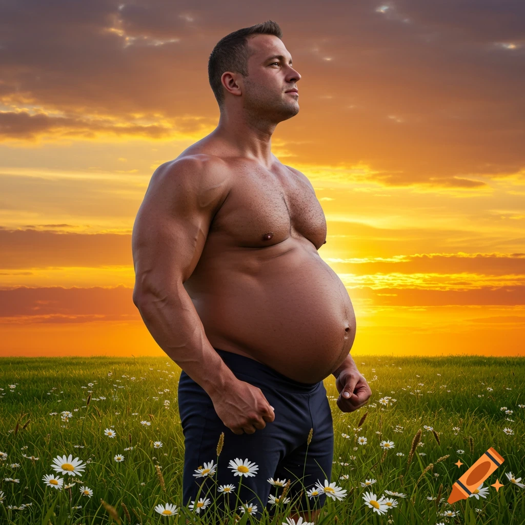 A male bodybuilder with a large, pregnant belly stands shirtless in a field of flowers at sunset.