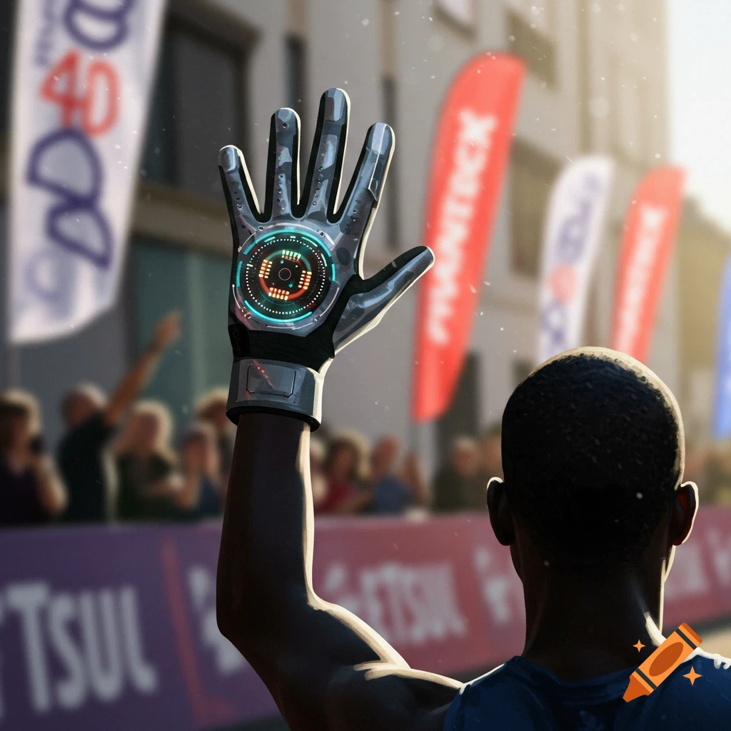 A runner from behind, raising an arm with a futuristic glove featuring a glowing circular chip, in a blurred race setting with banners.