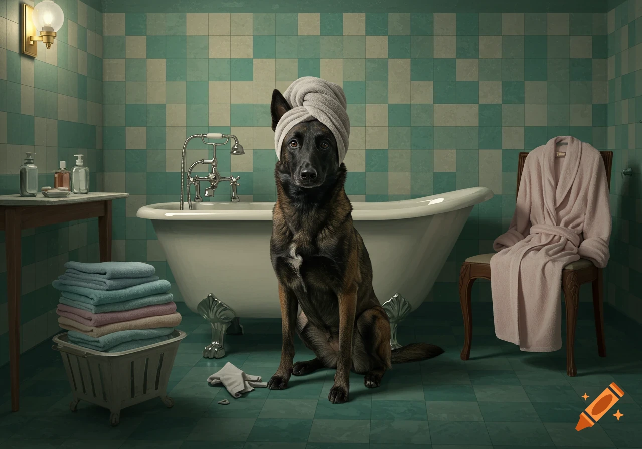 A photorealistic Dutch Shepherd dog wearing a white towel wrapped around its head like a turban, sitting in a vintage bathroom with teal and white tiled walls, a clawfoot tub, and a chair with a pink bathrobe.