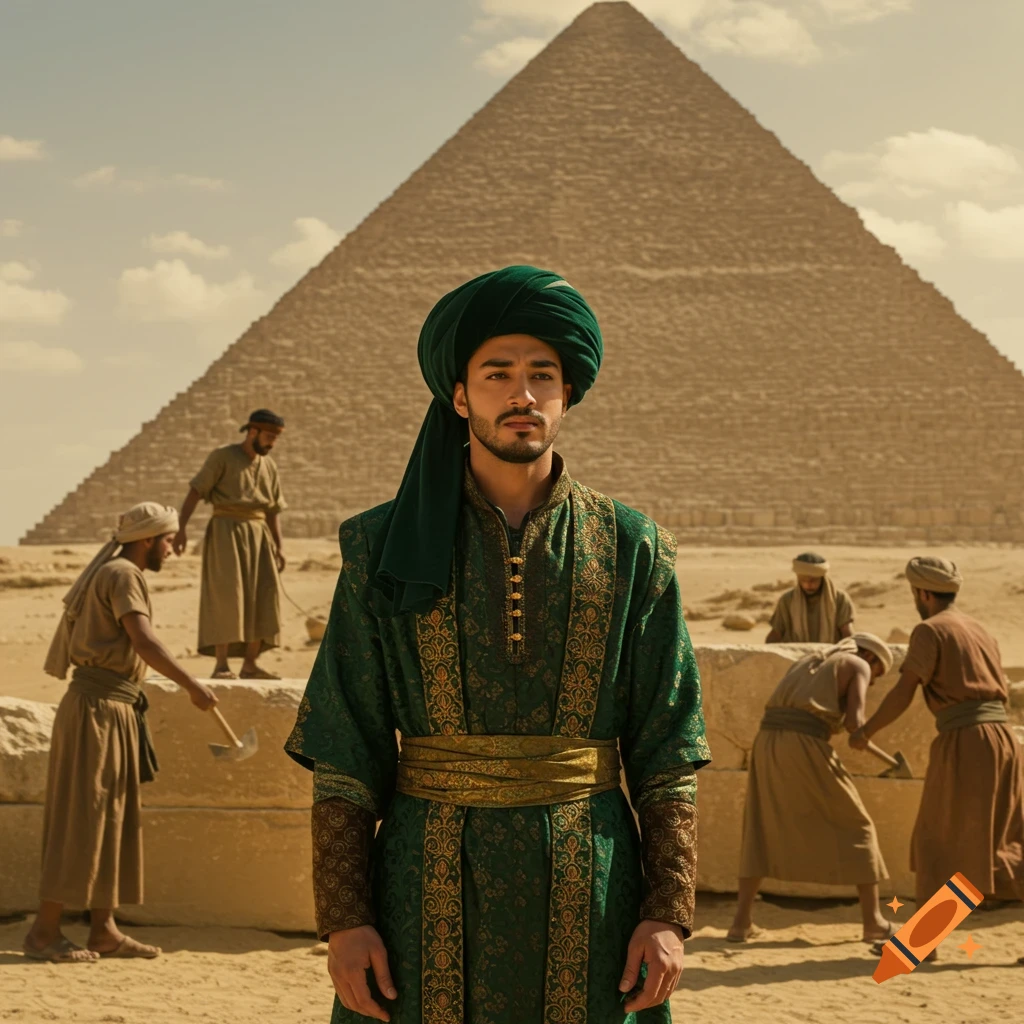A man in a green turban and ornate green robe stands in a desert with a pyramid behind him and workers moving stone blocks.