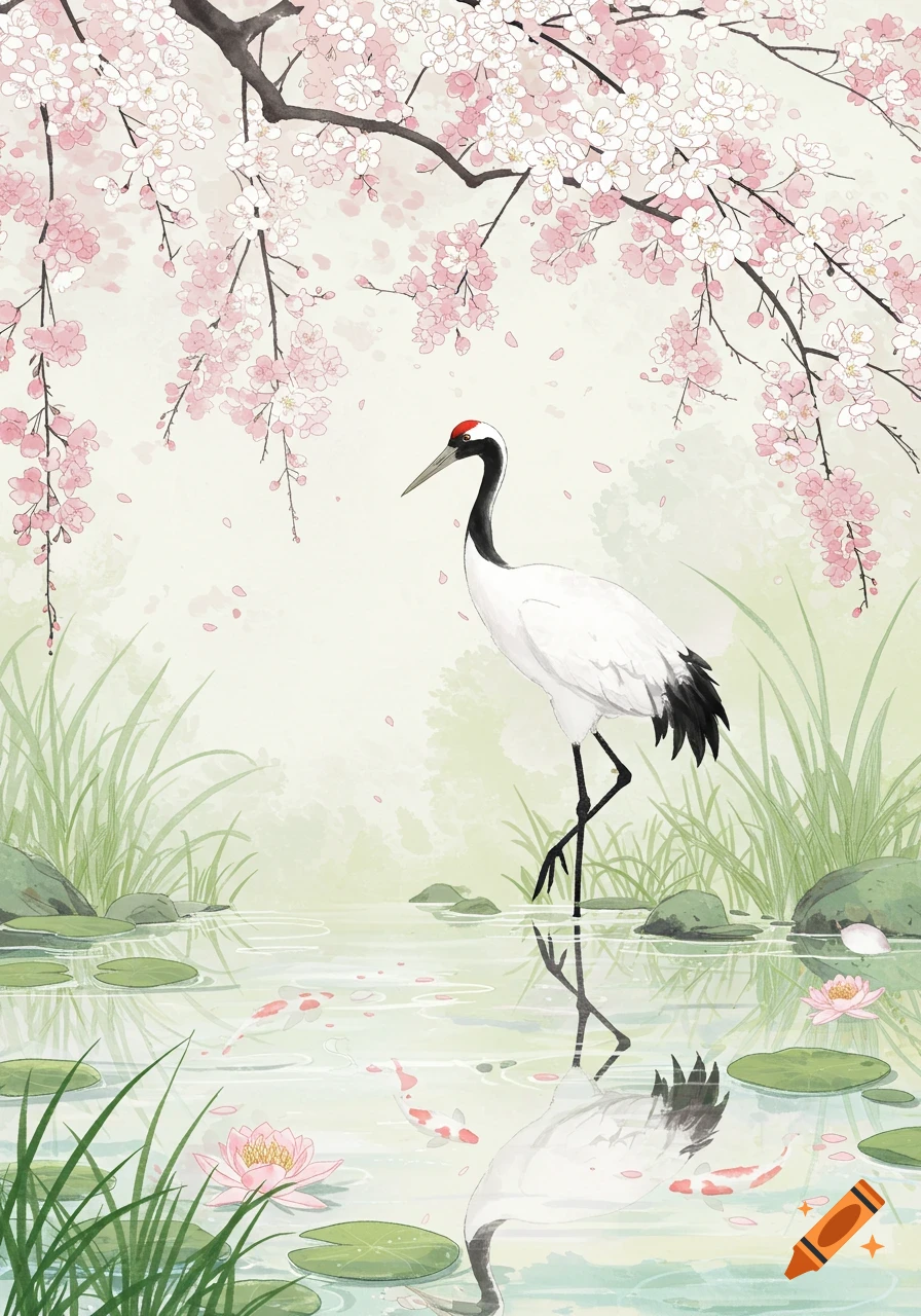 A Japanese style watercolor painting of a red-crowned crane standing in a pond with lily pads and koi fish under blooming cherry blossoms.