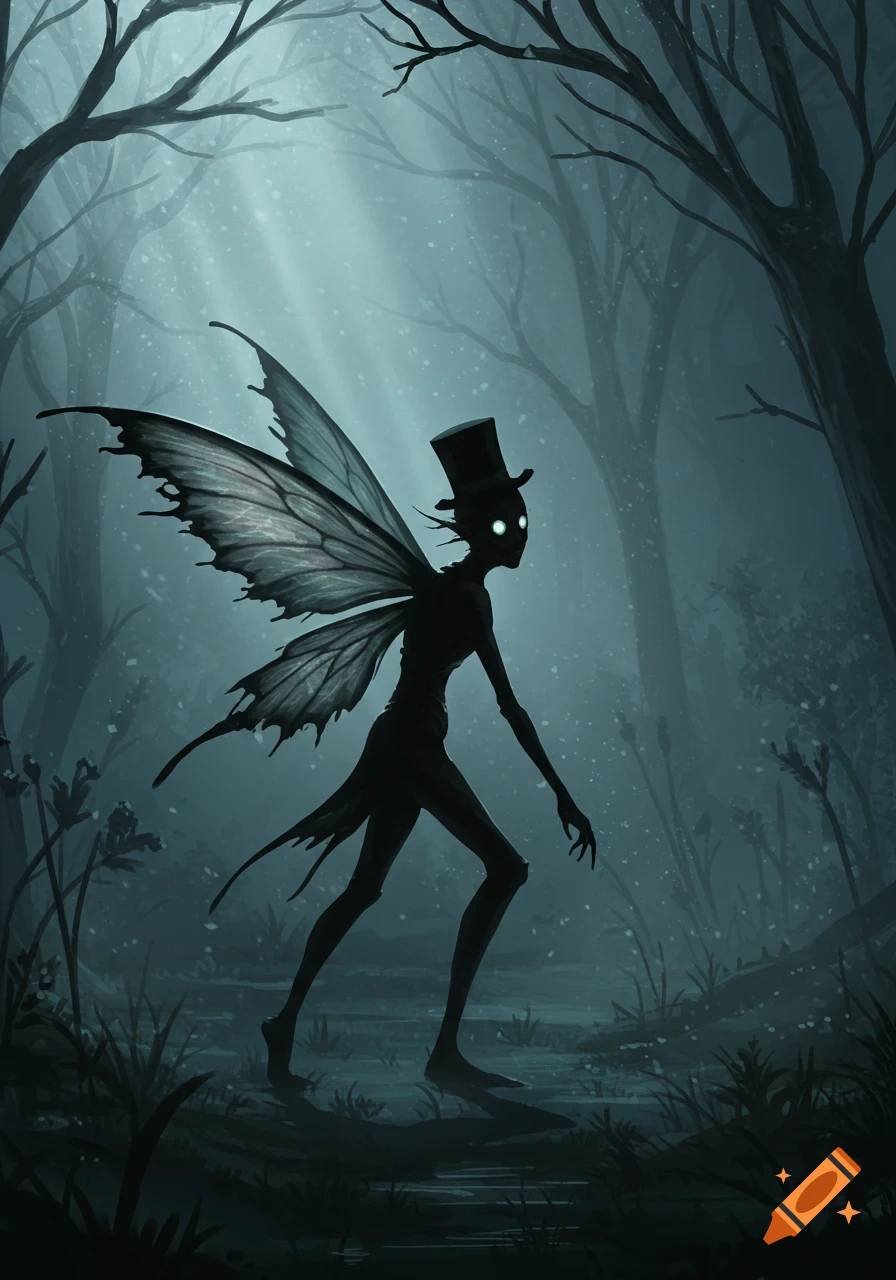 Silhouette of a creepy, winged fairy in a top hat with glowing eyes, walking through a dark, misty forest.