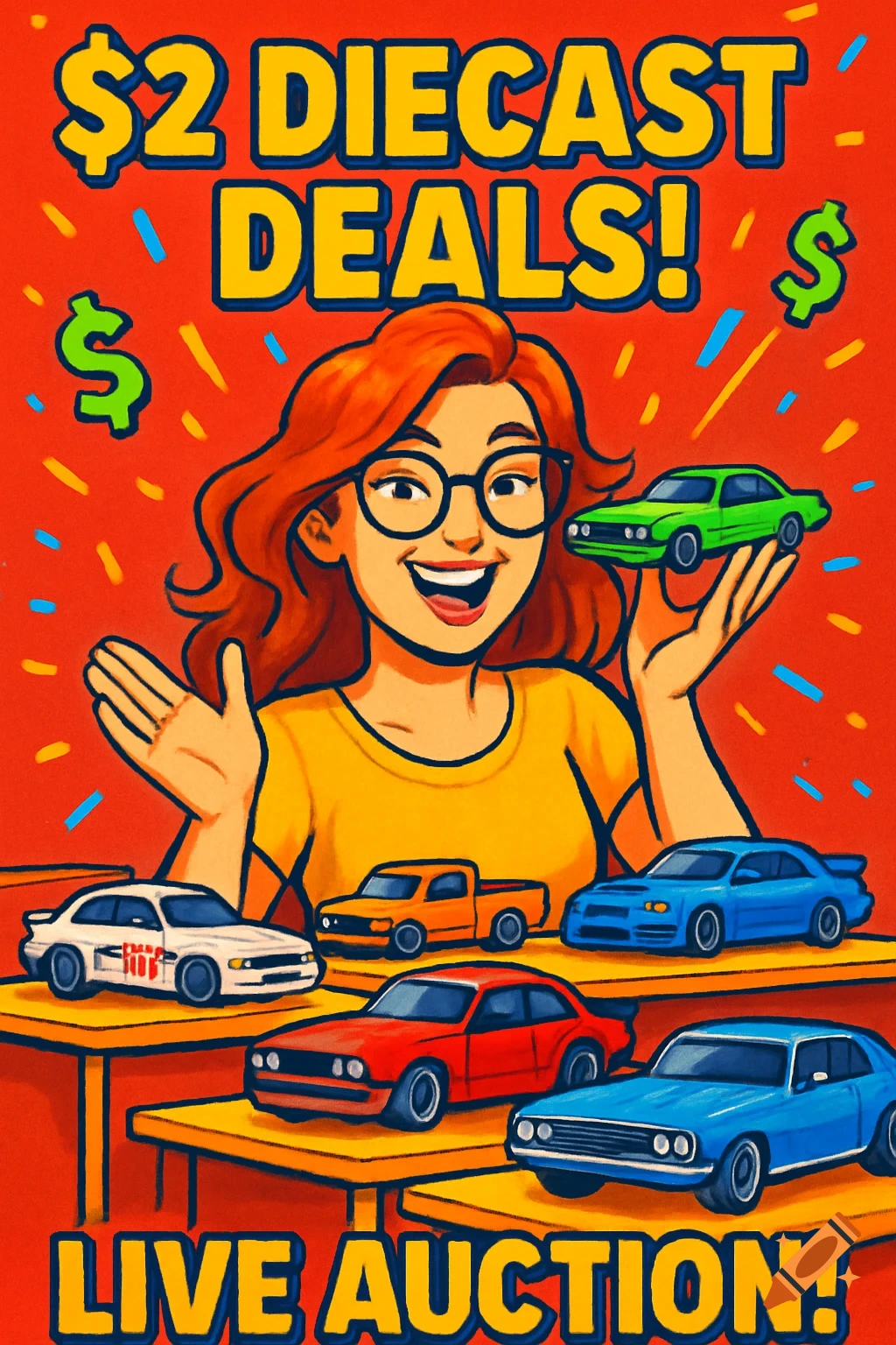 Colorful illustration of a cheerful woman with glasses holding a diecast car, surrounded by other toy cars and text '$2 Diecast Deals! Live Auction!' on a red background.