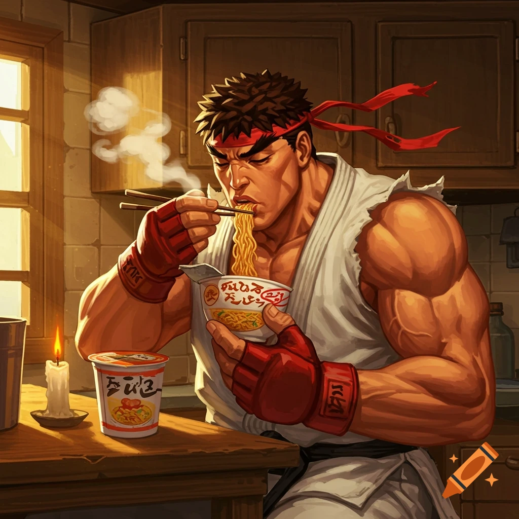Ryu from Street Fighter, in his gi and red headband, intensely eats instant noodles with chopsticks at a wooden table in a rustic kitchen.