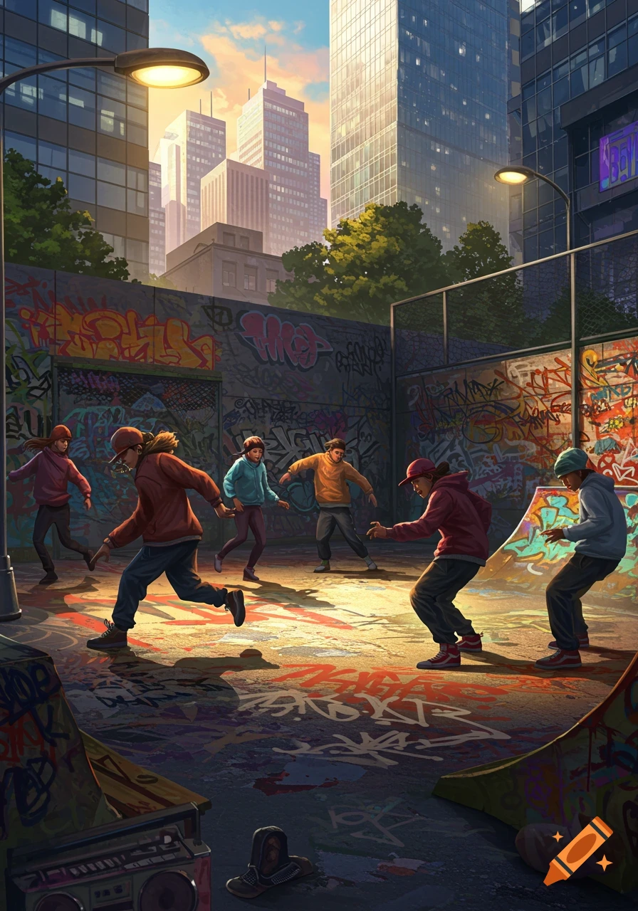 Stylized digital art of youth breakdancing in a graffiti-covered urban playground at sunset.