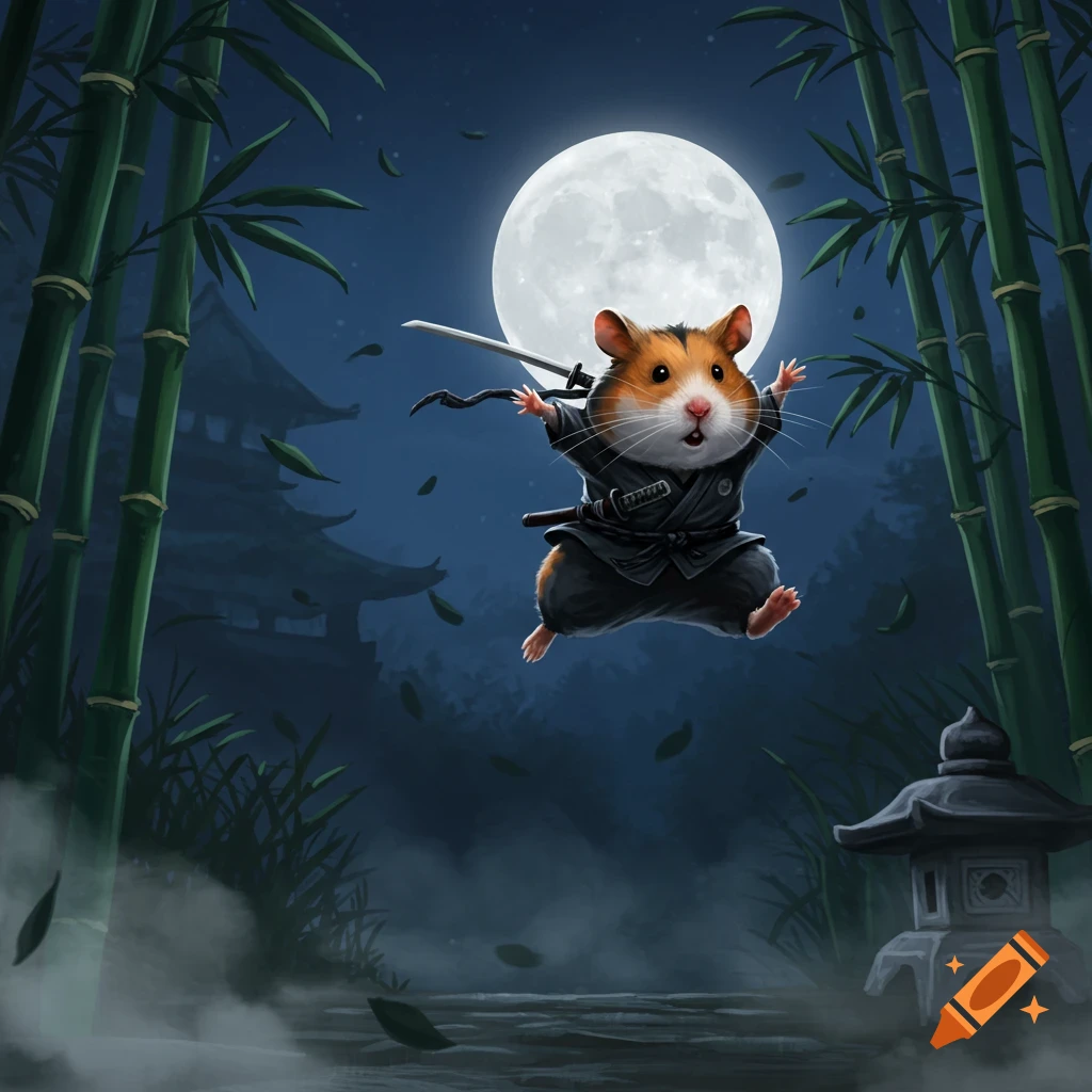 A cute hamster dressed as a ninja jumps through a bamboo forest at night, silhouetted by a large full moon, with a traditional Japanese building in the background.