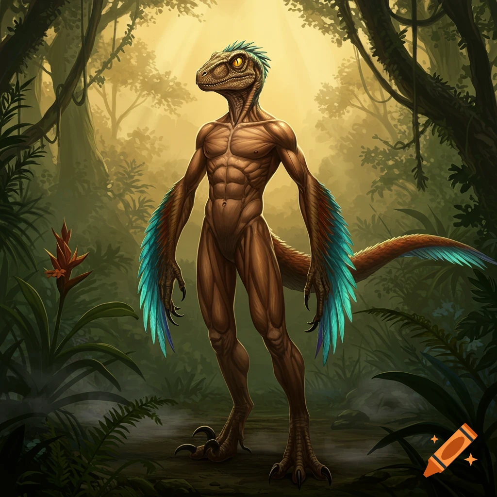 A muscular anthropomorphic dinosaur with brown skin, yellow eyes, and blue-green feathers on its arms and tail stands in a lush jungle.