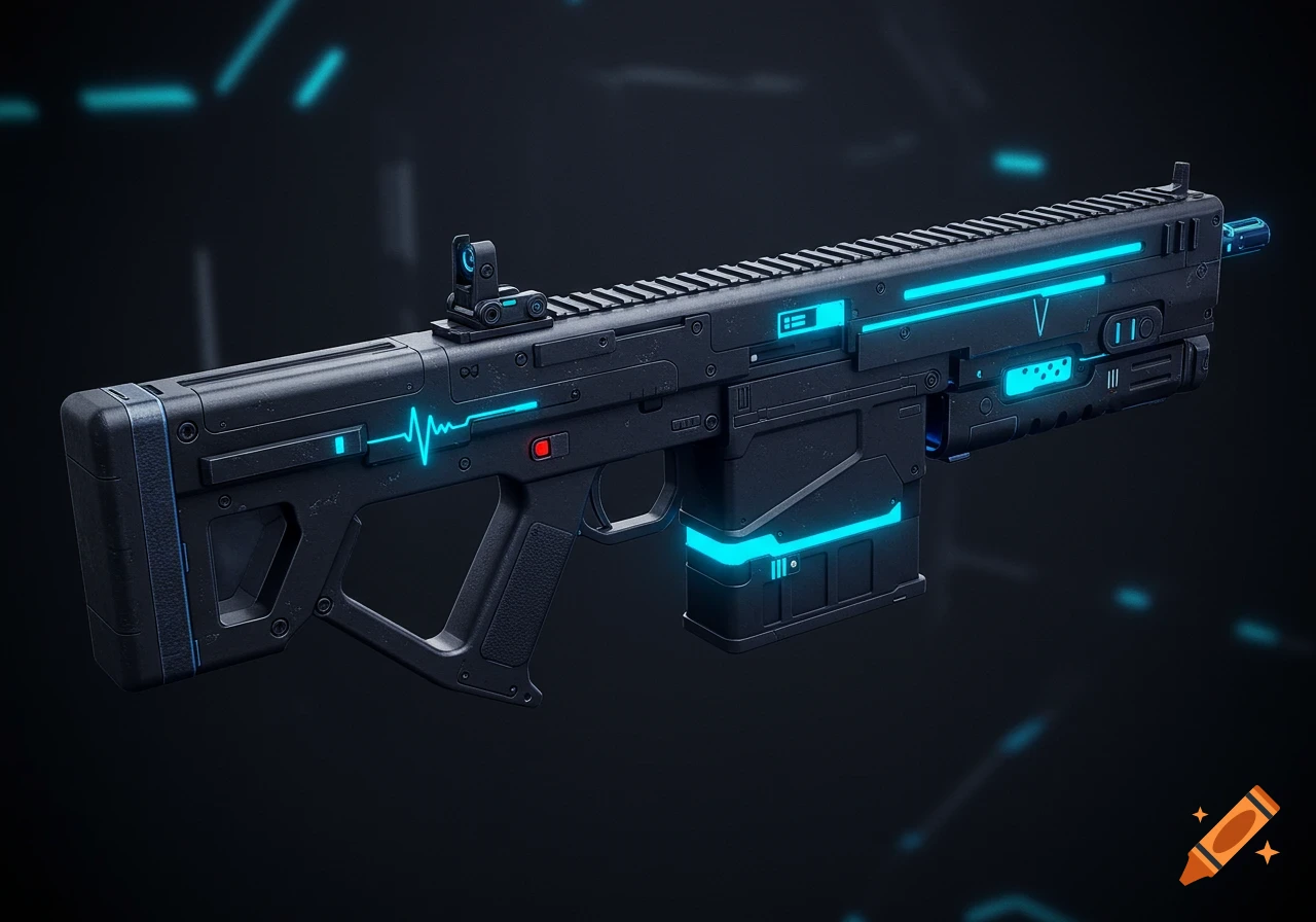 Sleek matte black sci-fi pulse rifle with glowing blue accents and a futuristic design against a dark background.
