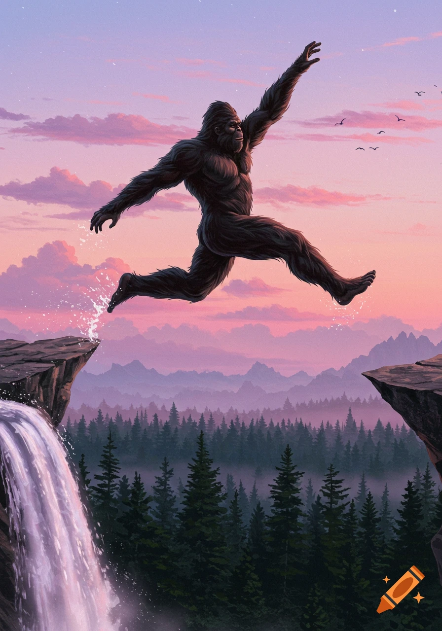 A hairy Bigfoot leaps over a waterfall and cliff at sunset, with a misty forest and mountains in the background.