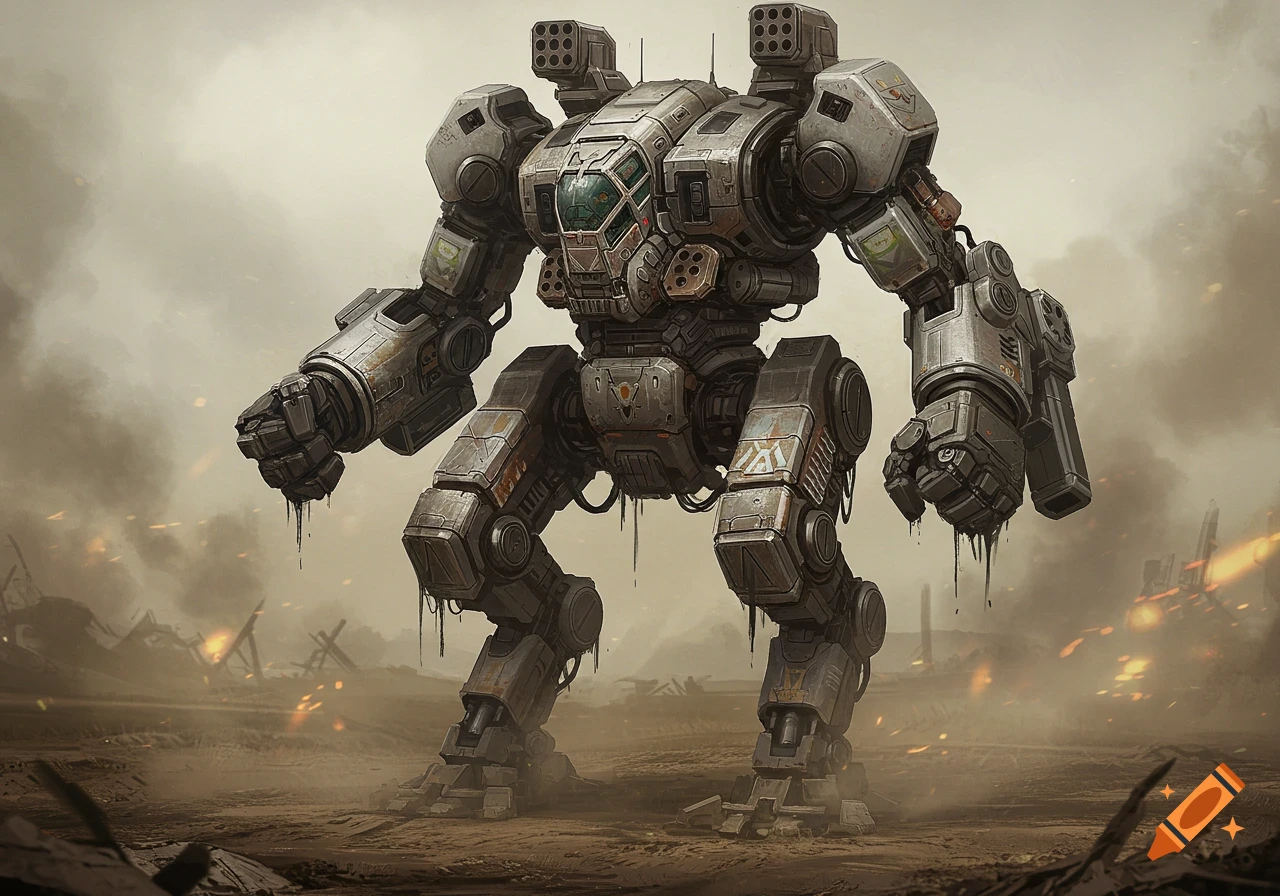 A detailed, brutish battle mech with missile turrets and oversized fists stands in a desolate, smoky war zone, leaking oil and looking tarnished.