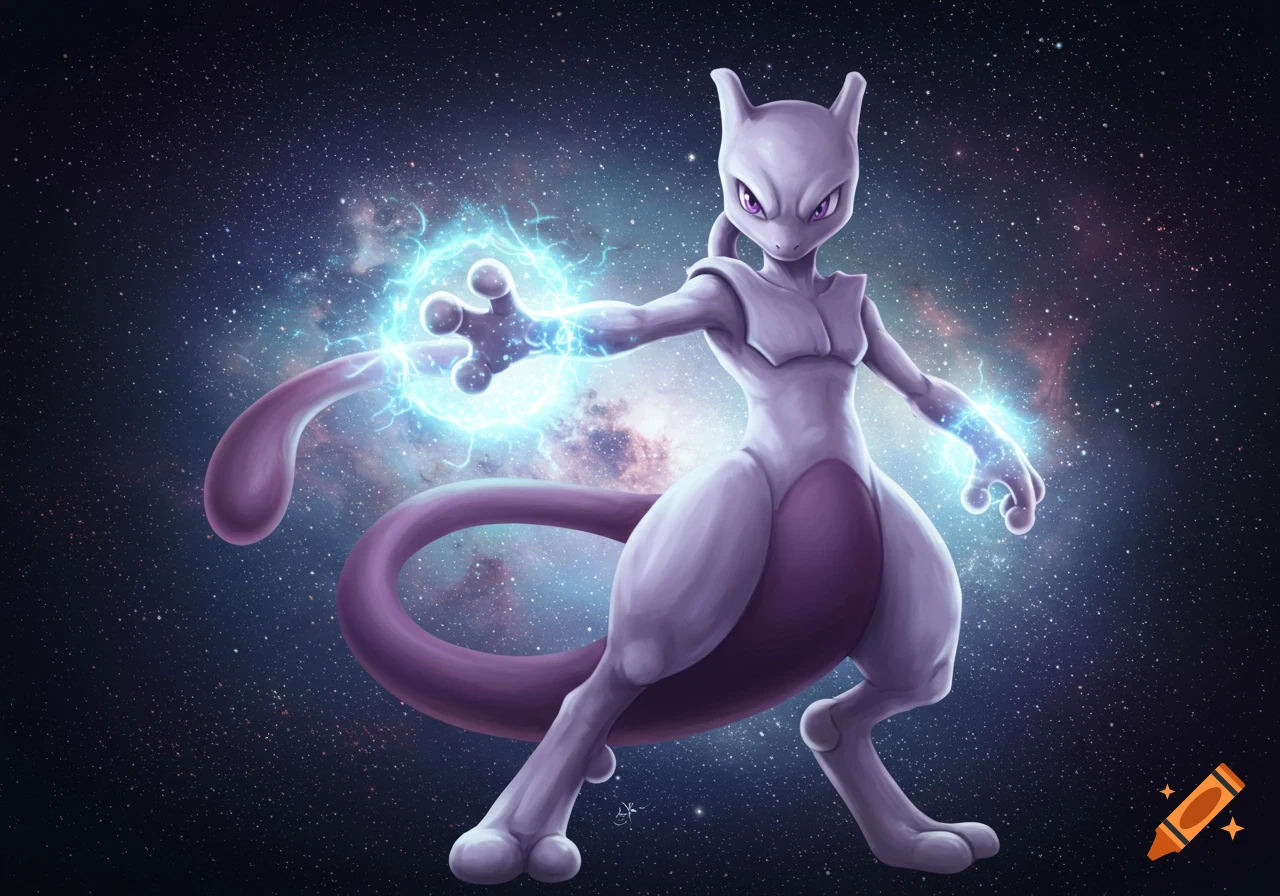 Mewtwo, a purple and white Pokémon, generates blue energy from its hands while standing in a starry galaxy.