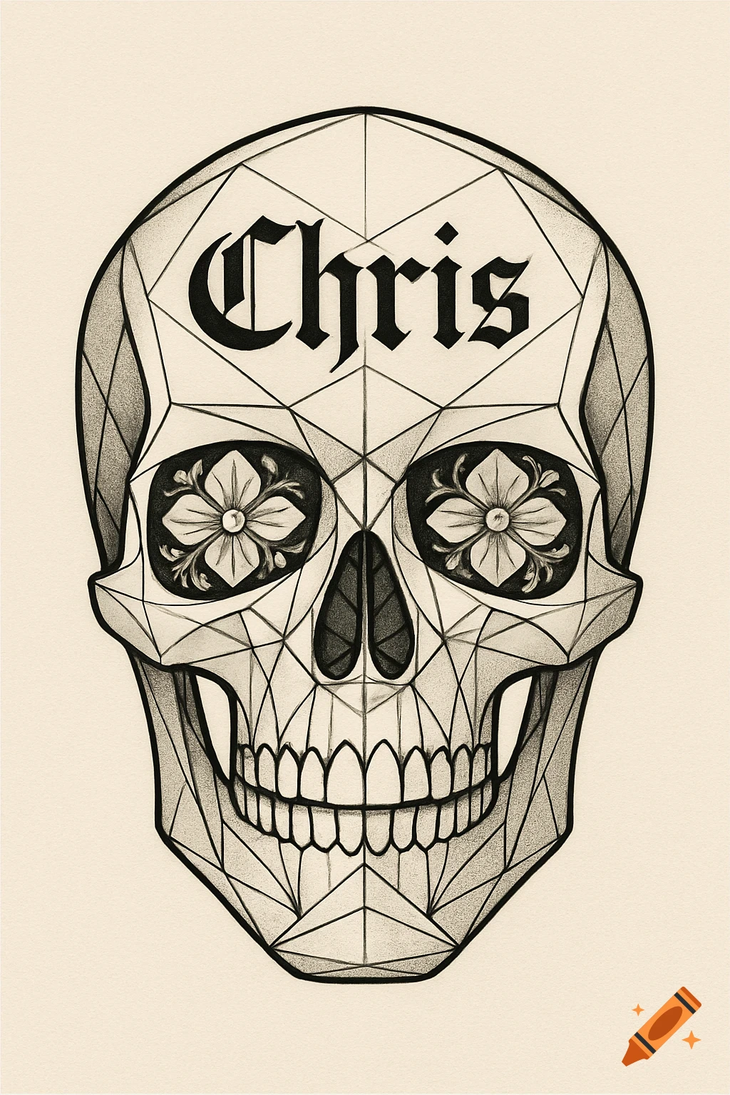 A stylized black and white skull with geometric patterns, flowers in the eye sockets, and the name 'Chris' in gothic script on its forehead.