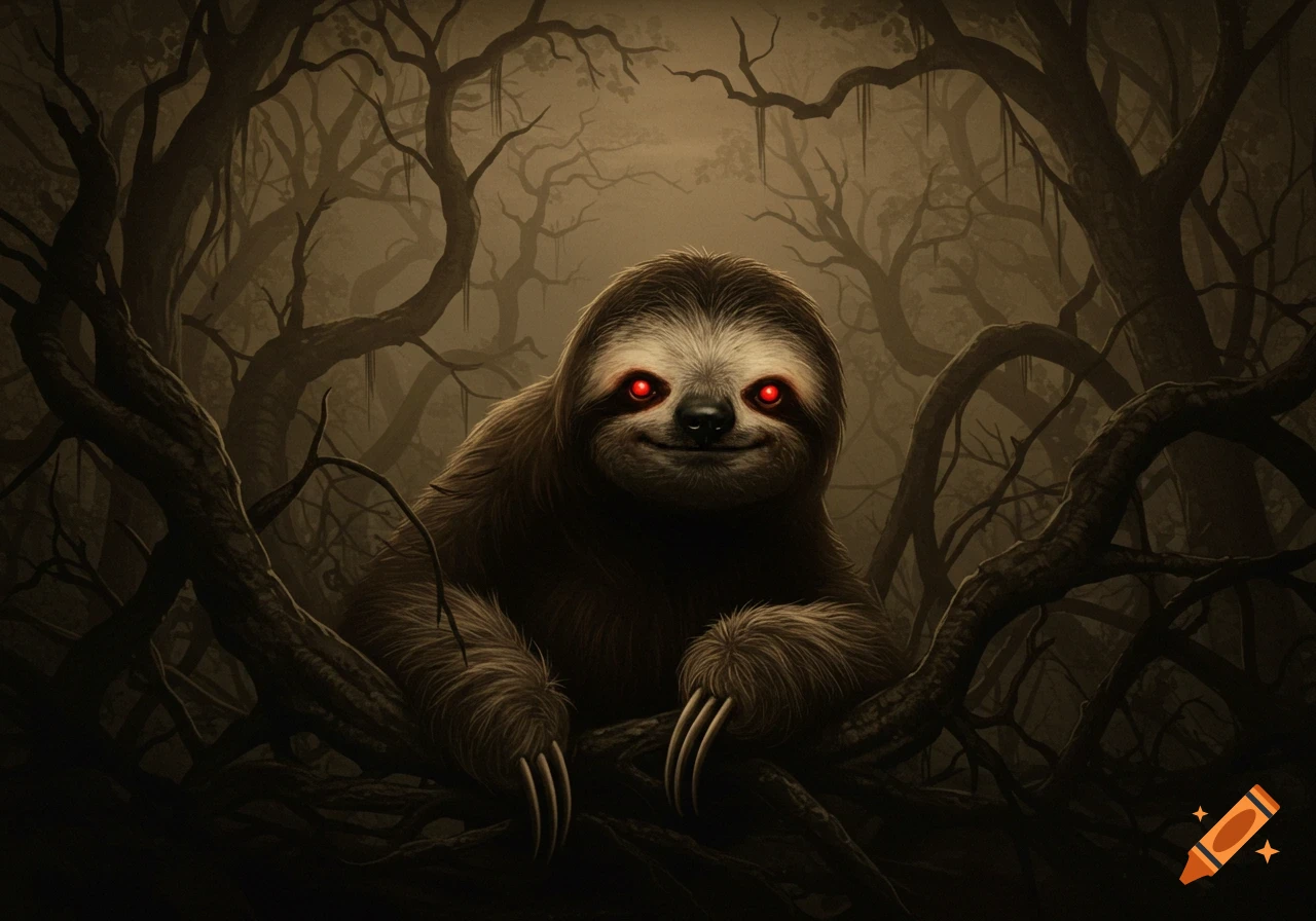 A creepy sloth with glowing red eyes sits in a dark, misty forest with gnarled trees, in a horror art style.