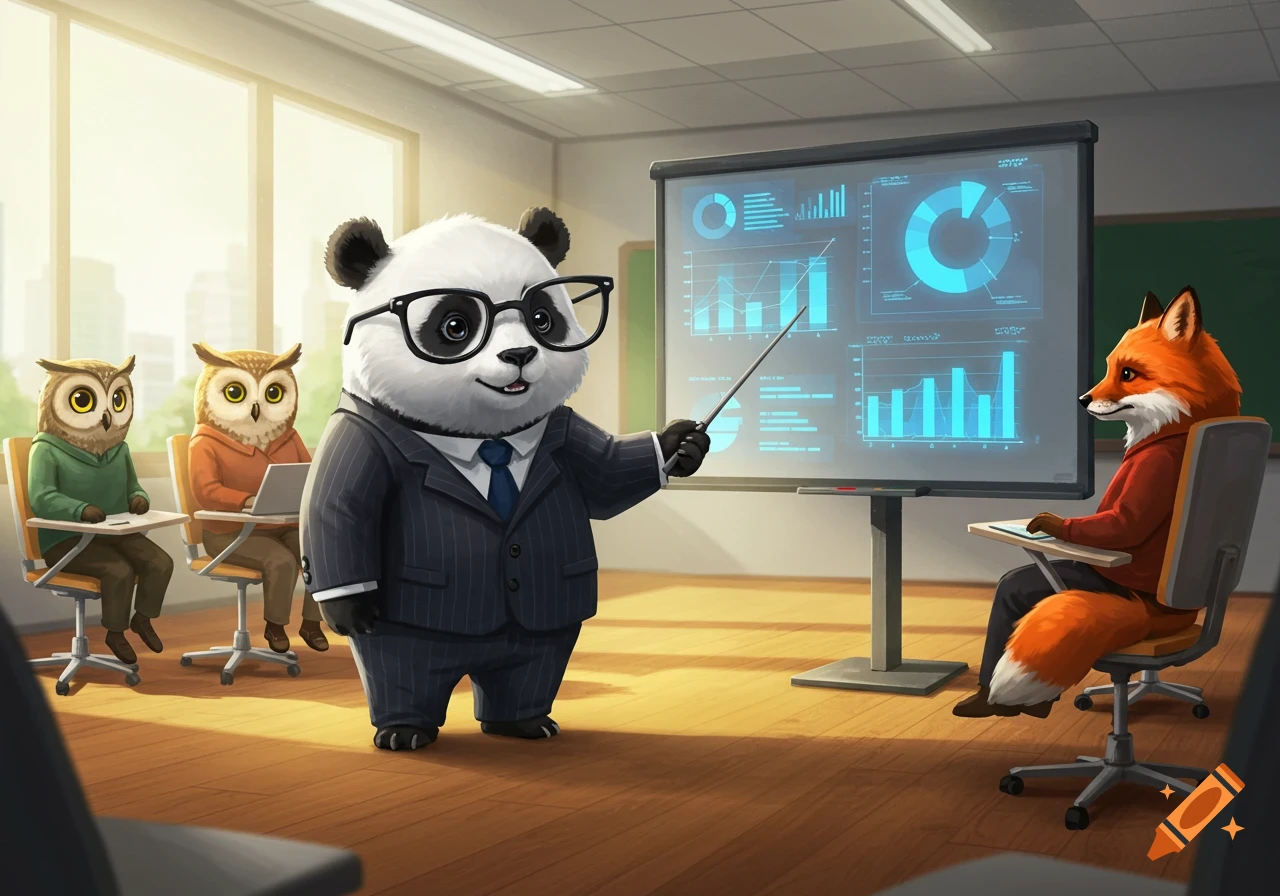 A cute panda in a suit teaches a class of owls and a fox, pointing at a projector screen with graphs in a cartoon style classroom.