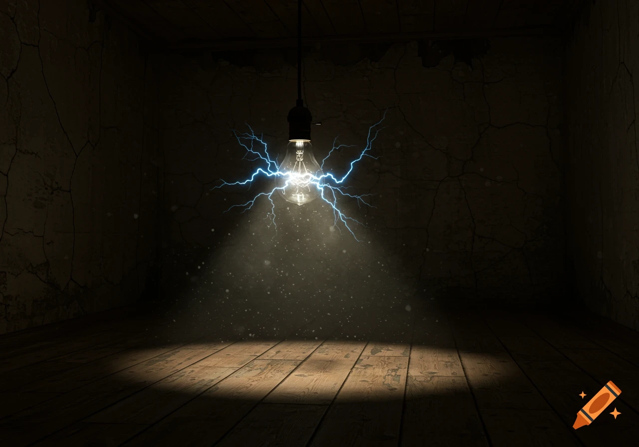 A single light bulb crackling with blue electricity illuminates a dark room with cracked walls and a wooden floor.