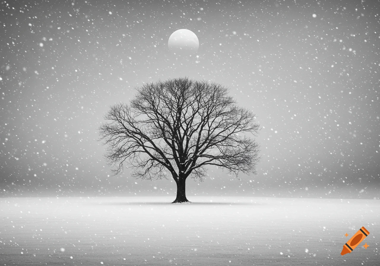 A solitary bare tree stands in a vast snowy field under a large full moon during a snowfall, in black and white.