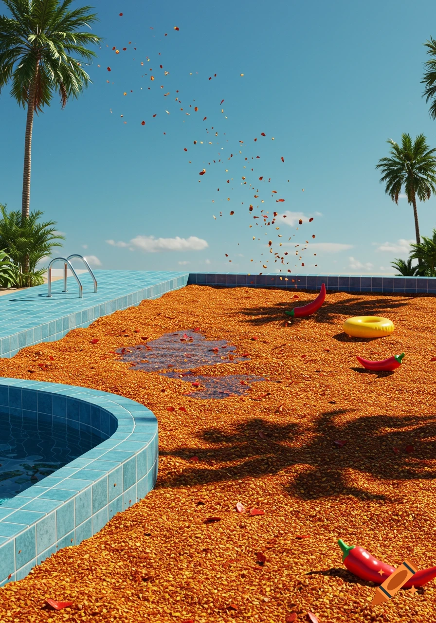 A photorealistic, surreal swimming pool filled with orange Taj , floating red chili peppers and a yellow inner tube, under a blue sky with palm trees.