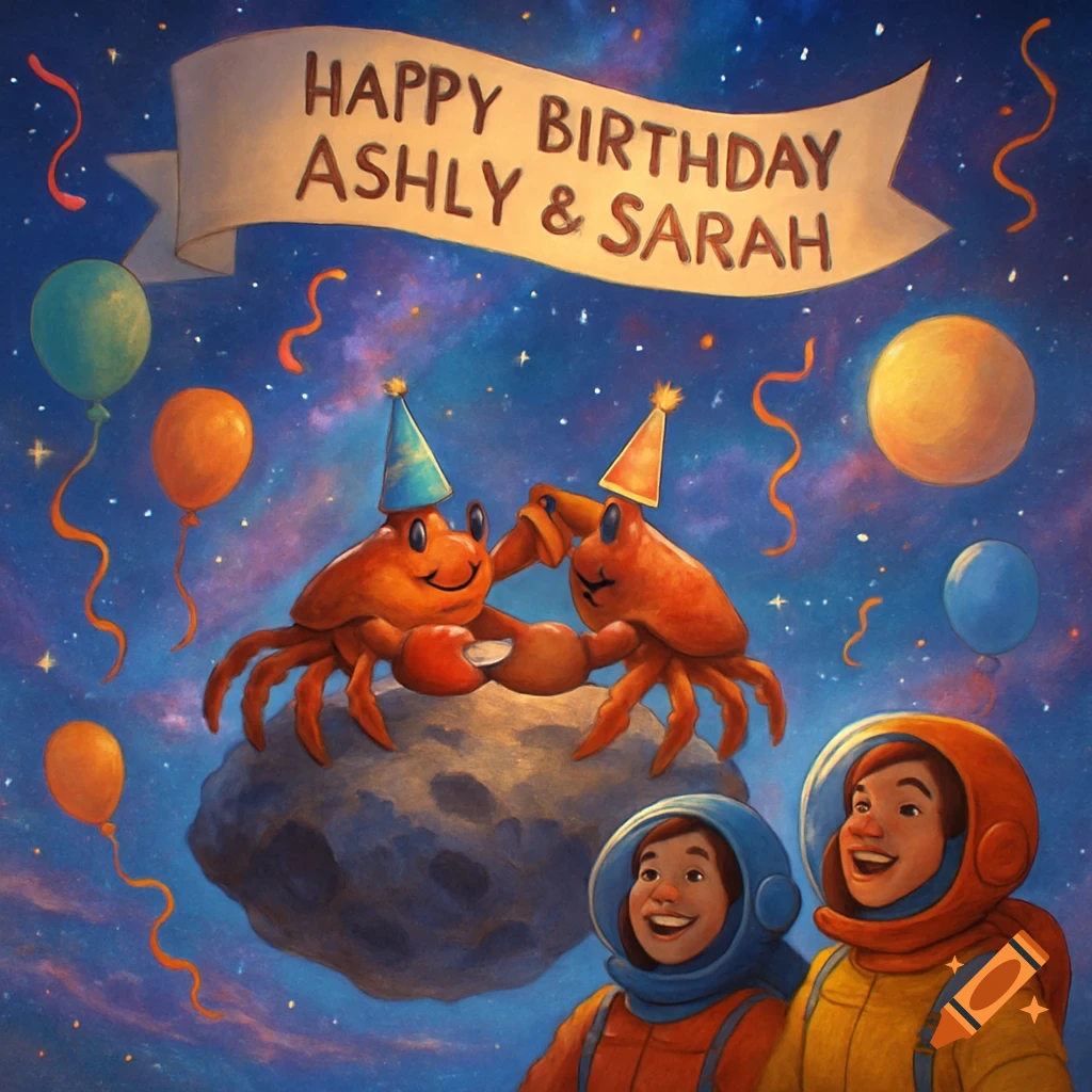 Cartoon crabs in party hats on a meteor, with a 'Happy Birthday Ashly & Sarah' banner and two astronauts in a cosmic setting.