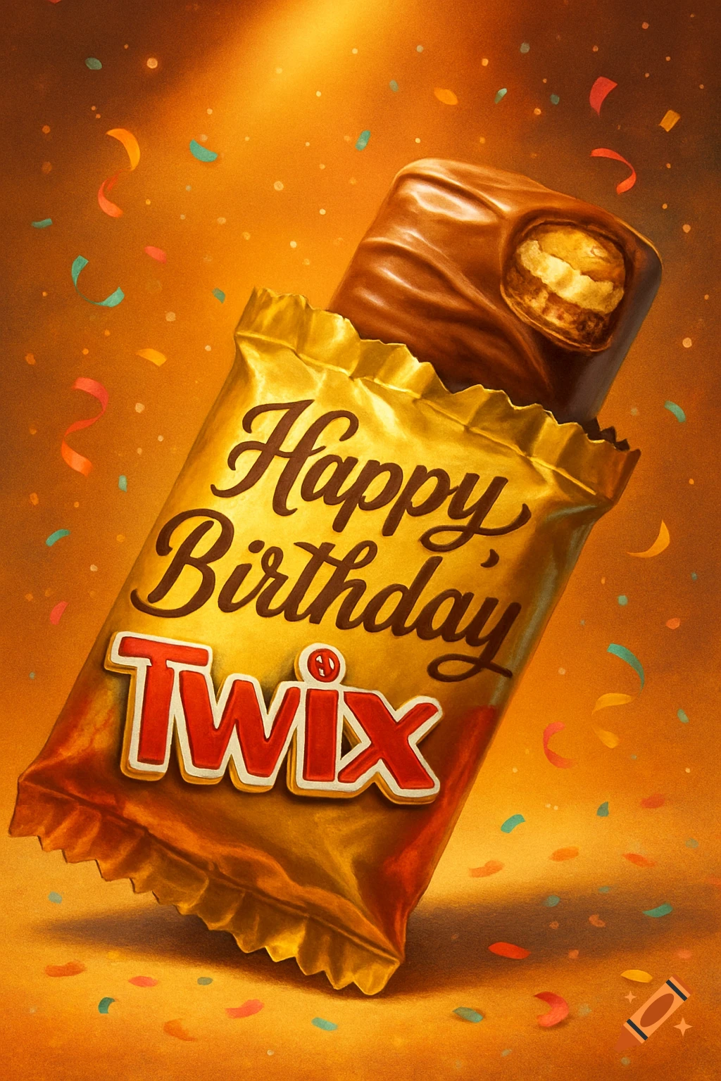 A Twix candy bar with 'Happy Birthday' written on its golden wrapper, surrounded by colorful confetti against a warm orange background.