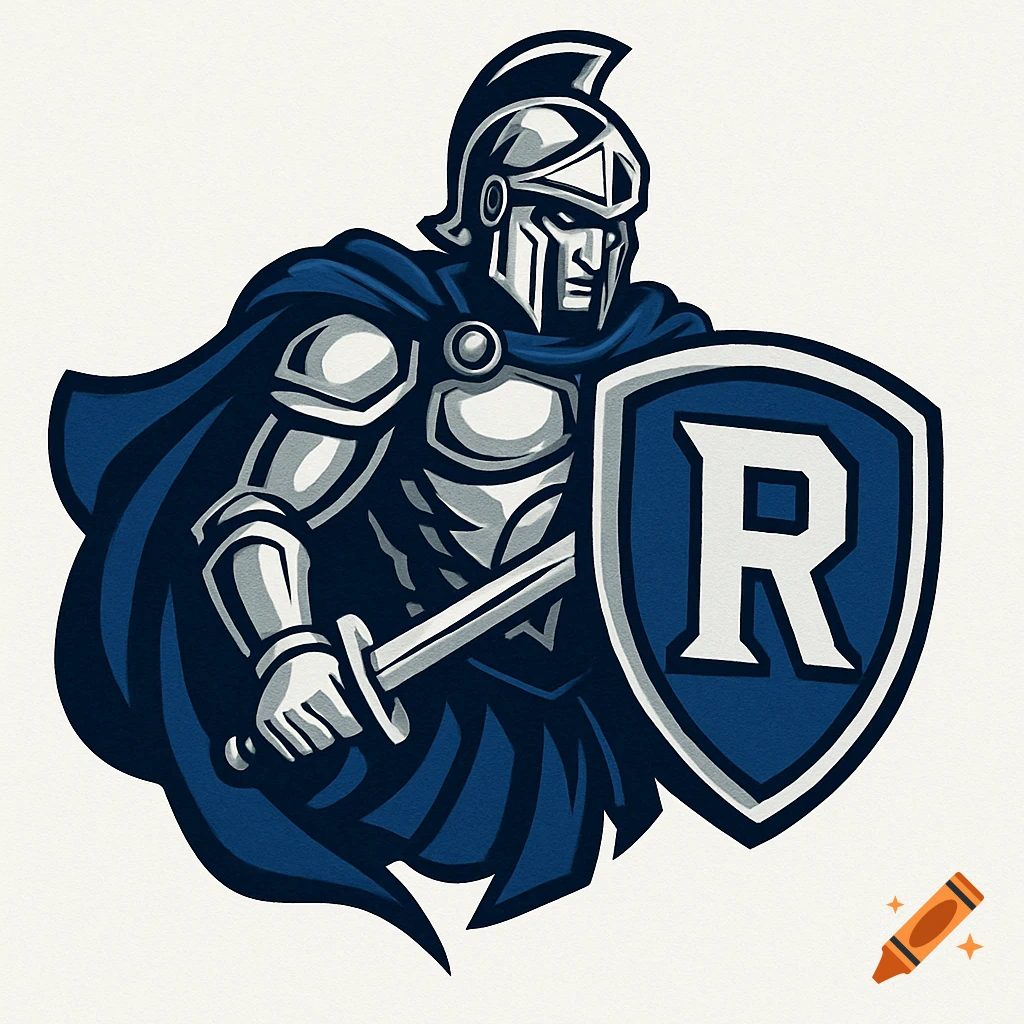 Stylized warrior logo in silver armor and a navy blue cape holding a sword and a shield with the letter R.