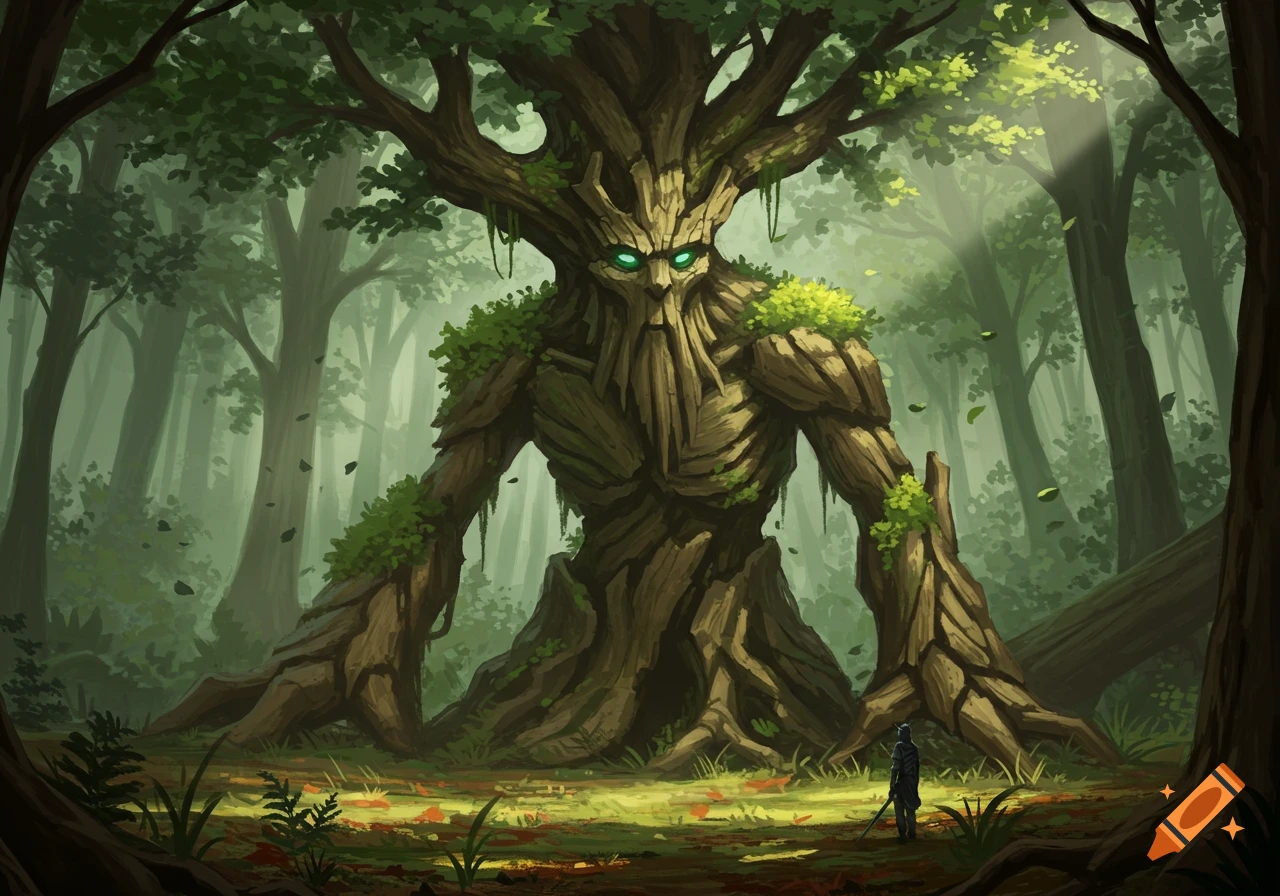 A massive treant with glowing green eyes confronts a small human figure in a lush, misty forest.