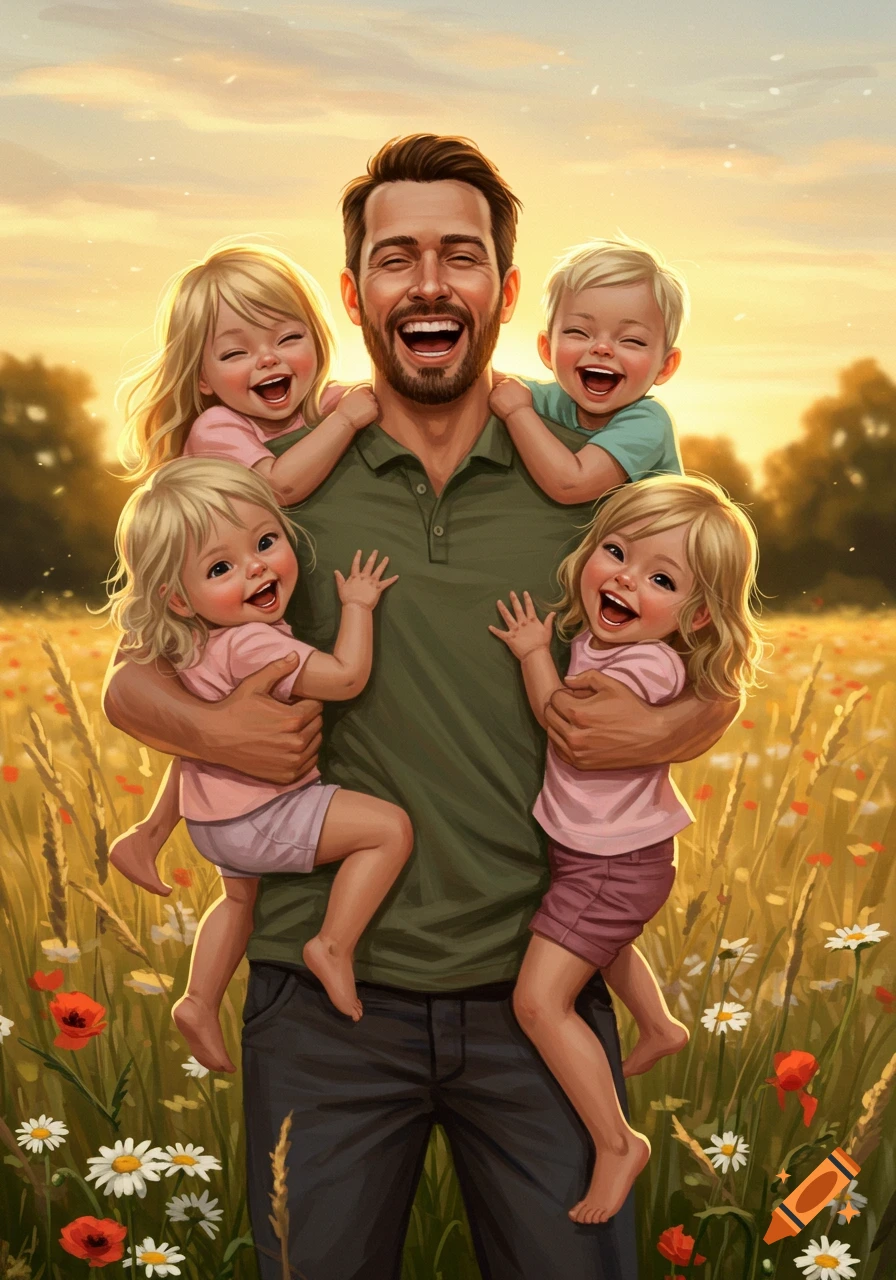 Happy father surrounded by four laughing children in a sunlit field of wildflowers.