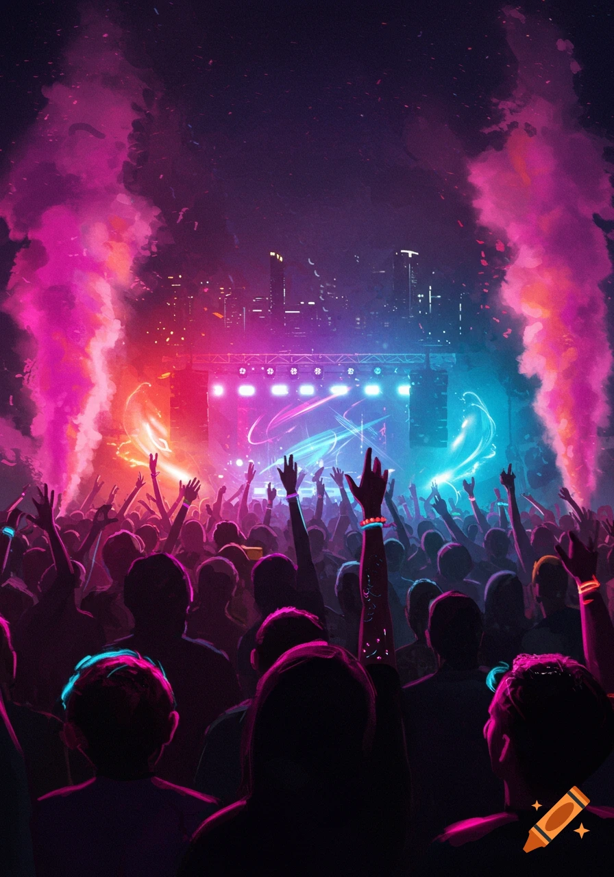 A vibrant, neon-lit crowd cheers with hands raised at a concert, with a stage and distant city skyline.