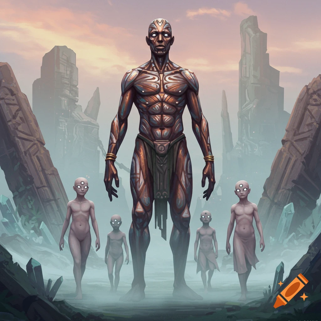 A giant, muscular humanoid with metallic skin patterns and glowing eyes stands among ancient ruins, accompanied by smaller, three-eyed figures in a misty landscape.