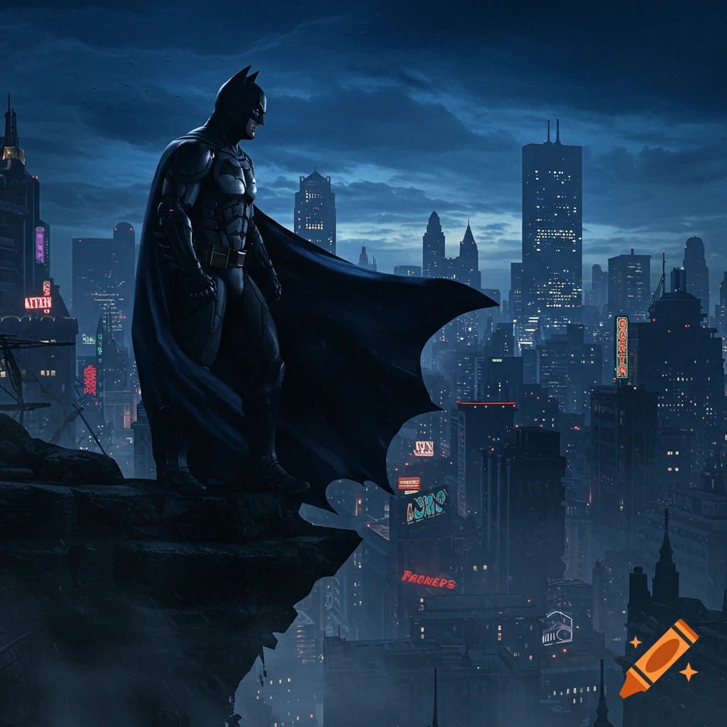 Batman stands on a dark Gotham City rooftop at night, overlooking the neon-lit skyline. Photorealistic style.