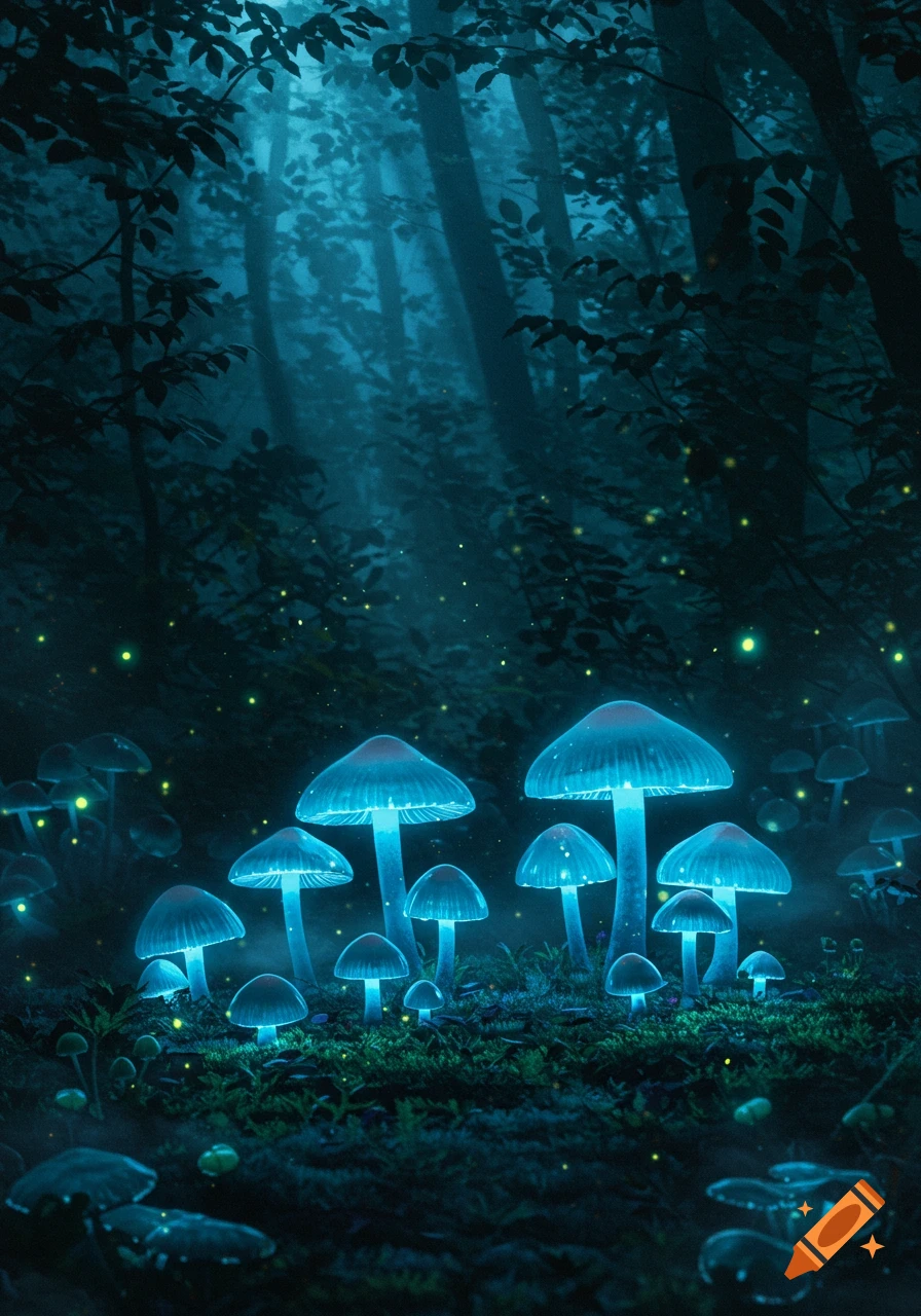 A mystical forest at night filled with glowing blue mushrooms and twinkling yellow fireflies under ethereal light.
