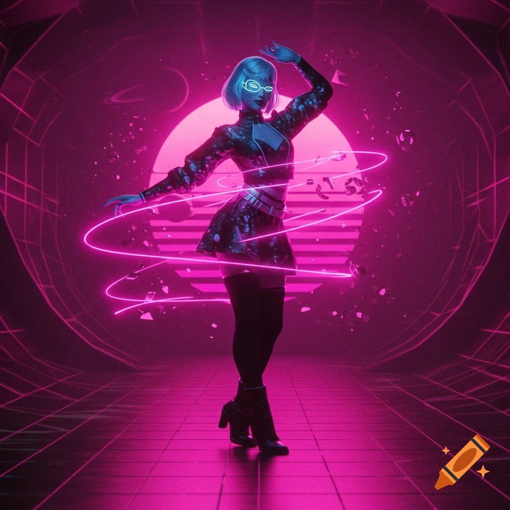A woman with glowing glasses and white hair in a cyberpunk outfit poses in a neon pink retro-futuristic setting with glowing lines.