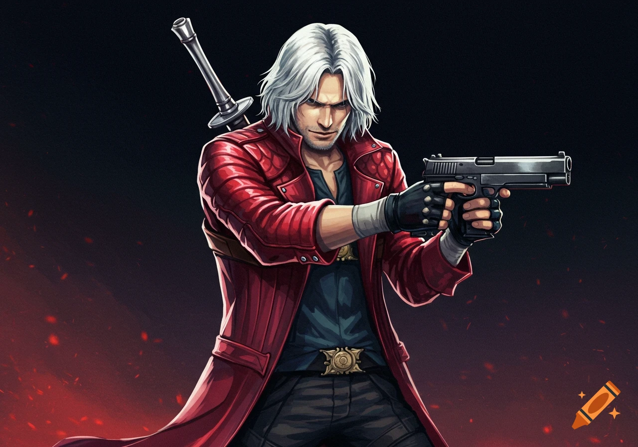 A stylized illustration of Dante from Devil May Cry, a man with white hair and a red coat, holding a pistol with a sword on his back.