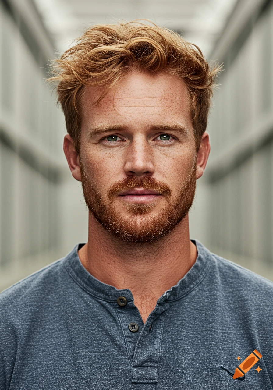 A close-up portrait of a man with red hair, a ginger beard, and freckles, wearing a gray Henley shirt.