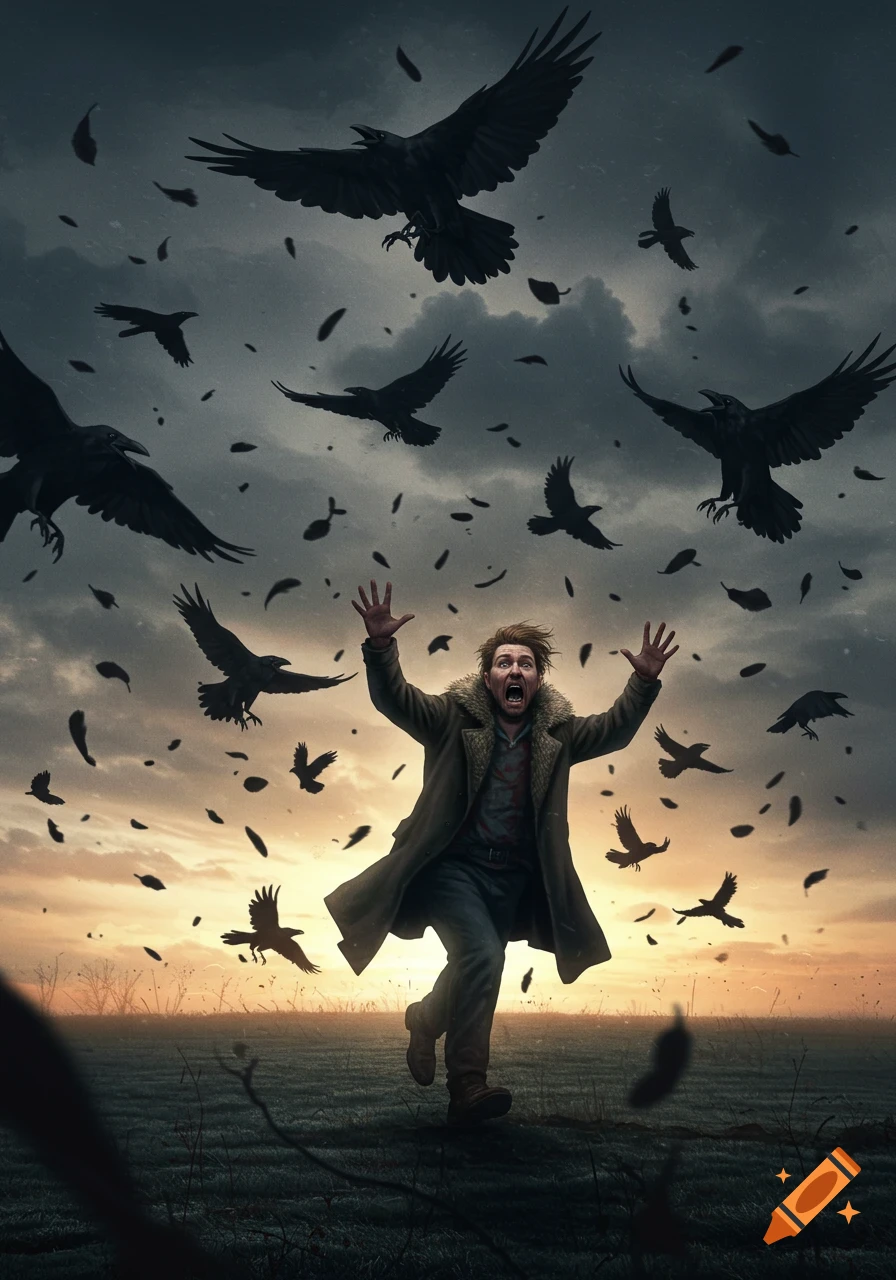 A man screams and runs from a swirling flock of black birds and feathers in a field at sunset, dramatic sky.