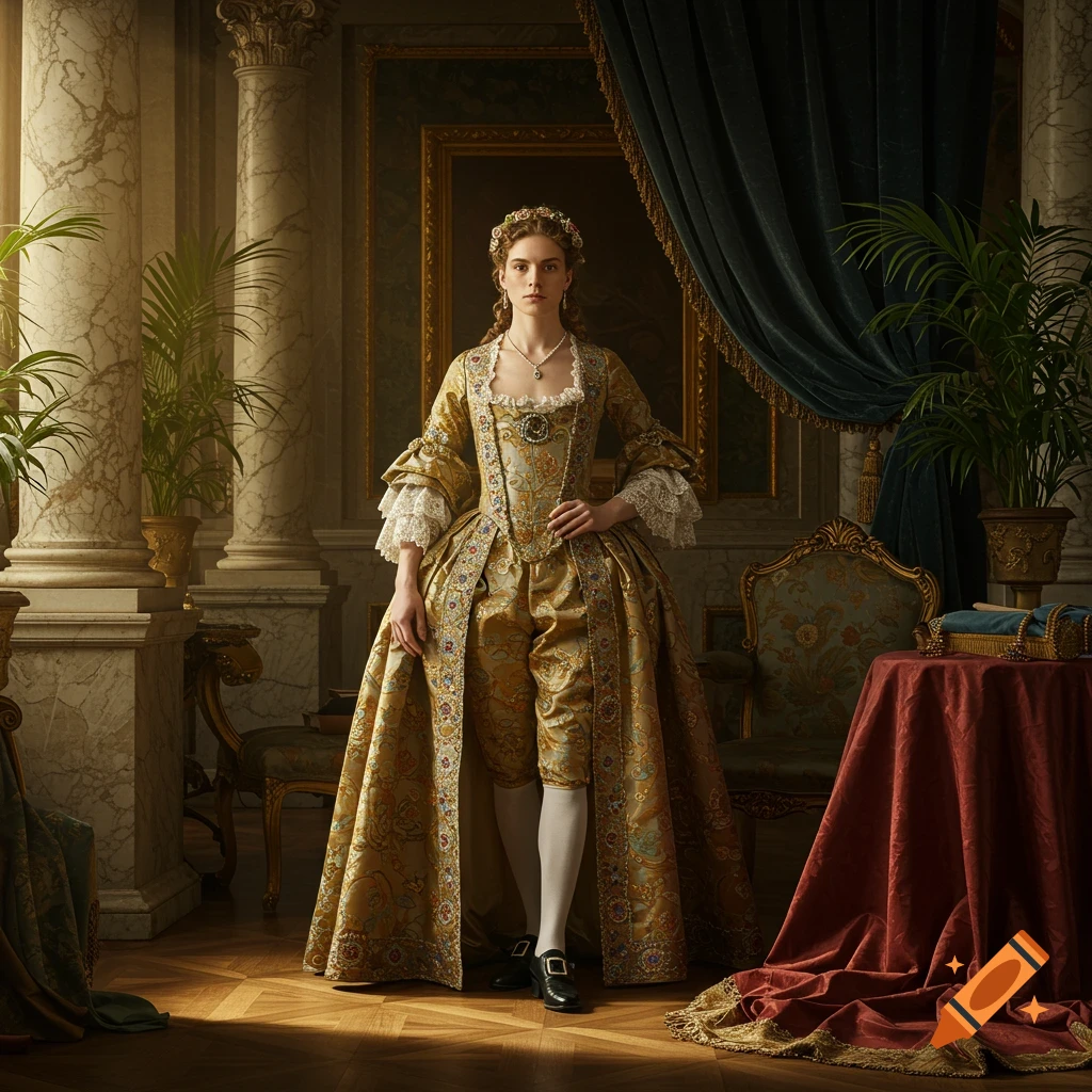 A person in opulent 18th-century attire stands in a grand, classically decorated room, lit by natural light, resembling a classical oil painting.