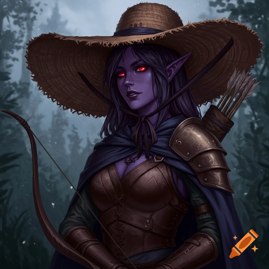 An illustration of a drow woman with purple skin and red eyes, wearing a large straw hat, leather armor, and a dark cloak, holding a longbow in a forest.
