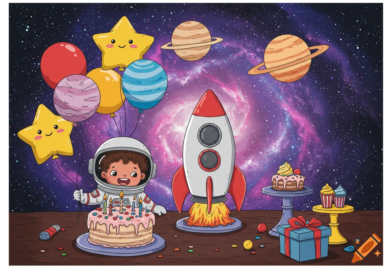 Cute cartoon of a baby astronaut celebrating a birthday in space with a rocket, planets, and balloons.