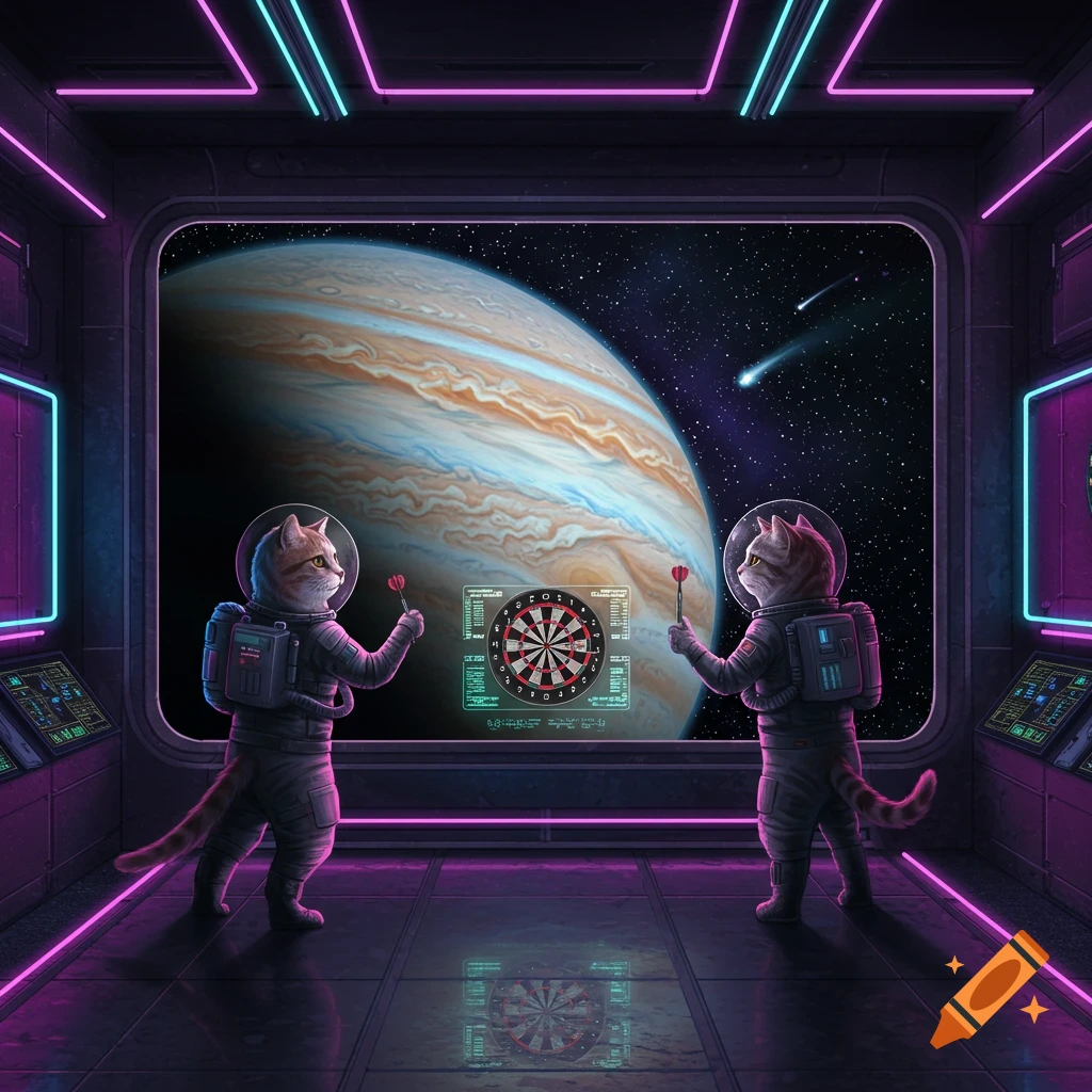 Two cats in spacesuits play darts inside a space station, with Jupiter and comets visible through a large window.